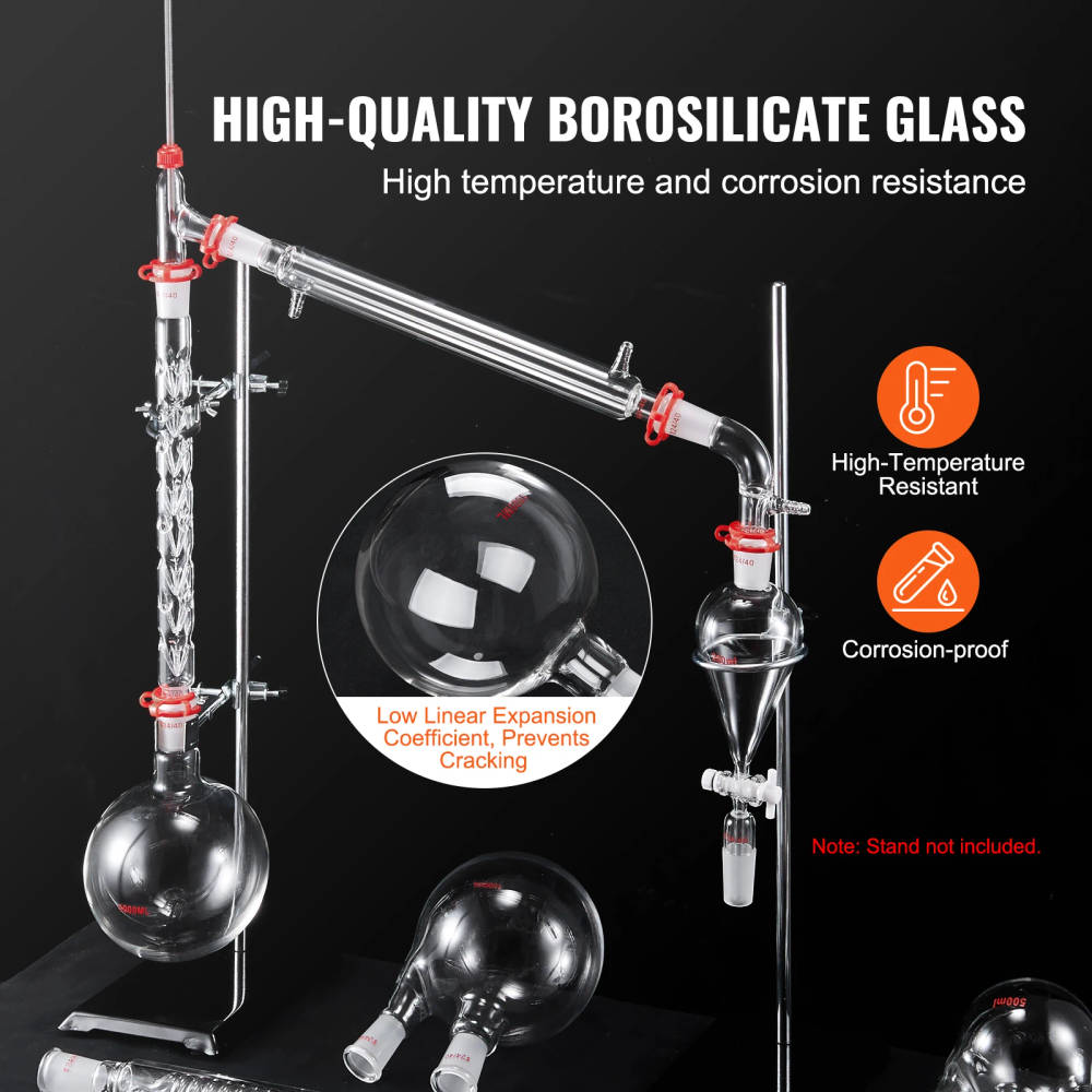 Comprehensive Laboratory Distillation Kit for Essential Oil Extraction and Education 32-piece laboratory distillation kit with 24/40 joint, made from robust 3.3 borosilicate glass, suitable for essential oil extraction, distillation, and reflux experiments 32-piece laboratory distillation kit with 24/40 joint, made from robust 3.3 borosilicate glass, suitable for essential oil extraction, distillation, and reflux experiments Comprehensive Laboratory Distillation Kit for Essential Oil Extraction and Education - Image 3