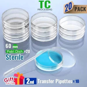 Sterile 60mm Petri Dishes with Lids and 2ml Plastic Transfer Pipettes - 20 Pack