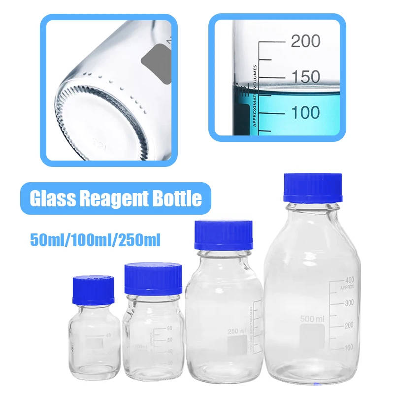 Premium Glass Reagent Bottles with Blue Screw Cap - 50ml, 100ml, 250ml Sturdy, chemical-resistant glass reagent bottles with blue screw cap for secure laboratory storage. Ideal for schools, universities, and research labs in the UK. Sturdy, chemical-resistant glass reagent bottles with blue screw cap for secure laboratory storage. Ideal for schools, universities, and research labs in the UK. Premium Glass Reagent Bottles with Blue Screw Cap - 50ml, 100ml, 250ml