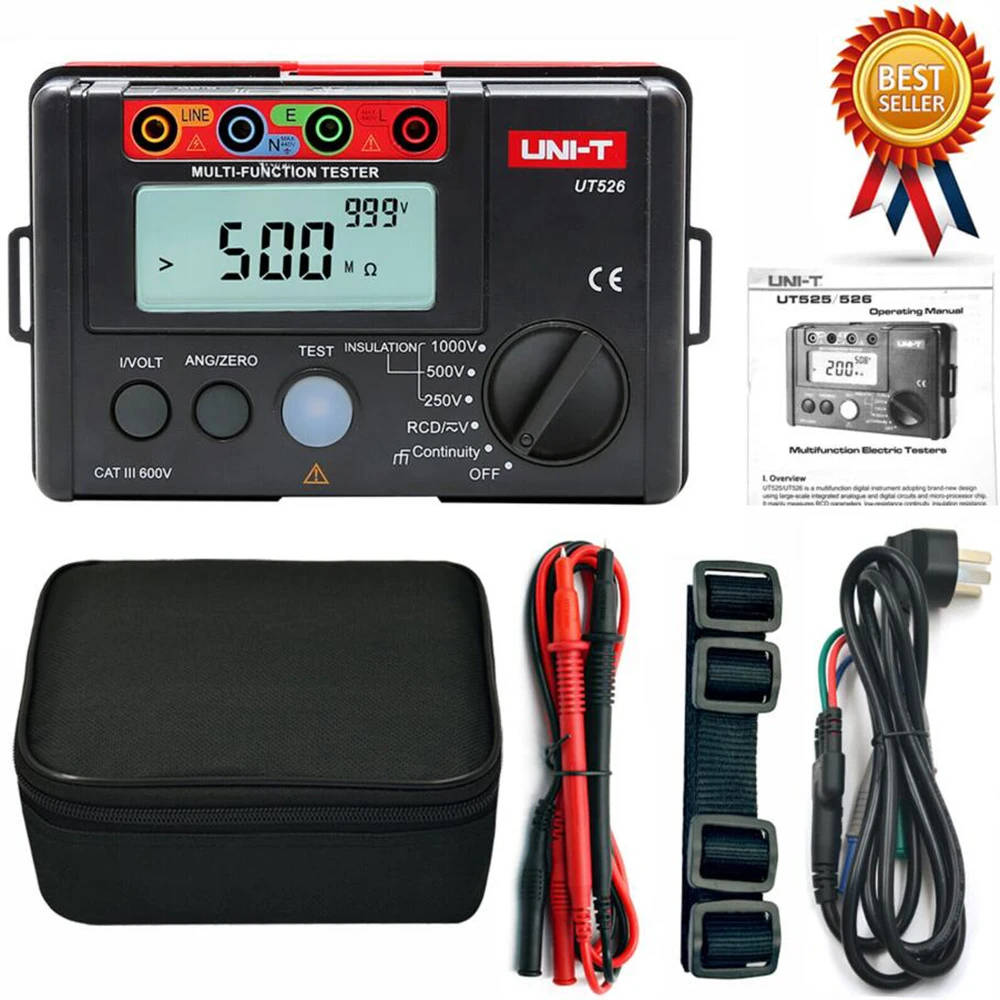 UNI-T UT526 Multifunctional Electrical Installation Tester Comprehensive electrical installation tester for insulation resistance, RCD status, low resistance continuity, and voltage measurements, ensuring safe operations in power distribution and wiring systems. Comprehensive electrical installation tester for insulation resistance, RCD status, low resistance continuity, and voltage measurements, ensuring safe operations in power distribution and wiring systems. UNI-T UT526 Multifunctional Electrical Installation Tester