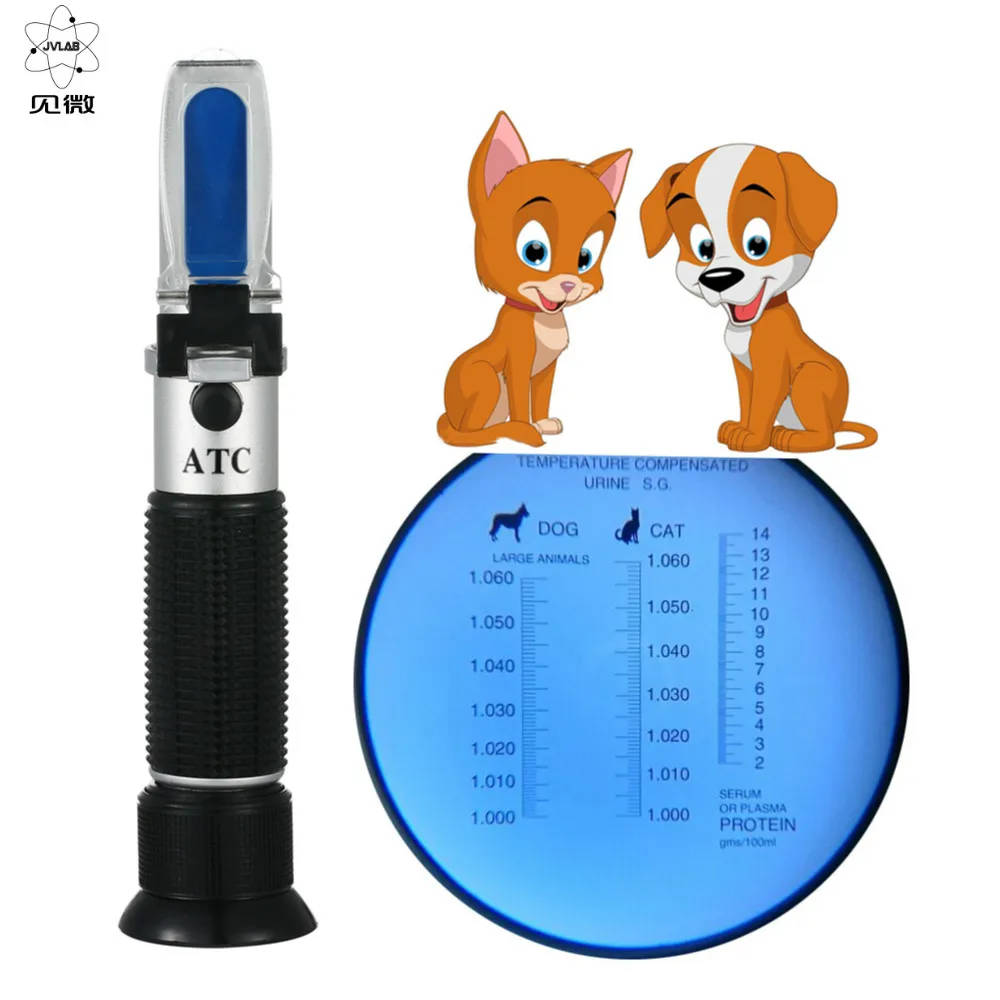 Veterinary Handheld Refractometer for Serum, Urine and Plasma Analysis Accurate, easy-to-calibrate device measuring serum protein, urine specific gravity, and refractive index, with ATC and durable aluminum construction. Accurate, easy-to-calibrate device measuring serum protein, urine specific gravity, and refractive index, with ATC and durable aluminum construction. Veterinary Handheld Refractometer for Serum, Urine and Plasma Analysis