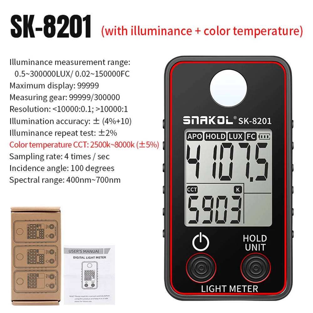 Precision Color Temperature Tester and Illuminance Meter High-precision illuminance meter for accurate measurements of brightness, color temperature, and color rendering index (CRI). High-precision illuminance meter for accurate measurements of brightness, color temperature, and color rendering index (CRI). Precision Color Temperature Tester and Illuminance Meter