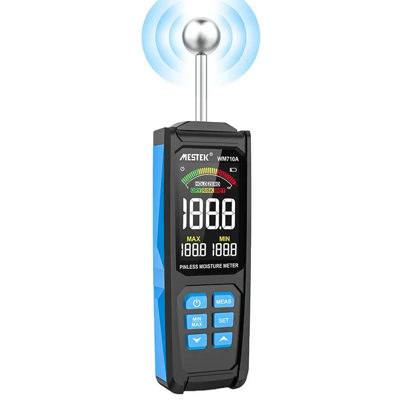 WM710A Non-Destructive Digital Wood Moisture Meter and Hygrometer Accurately measure wood moisture content with this non-contact, non-destructive digital hygrometer, featuring a large HD color display and customisable alarm function. Accurately measure wood moisture content with this non-contact, non-destructive digital hygrometer, featuring a large HD color display and customisable alarm function. WM710A Non-Destructive Digital Wood Moisture Meter and Hygrometer