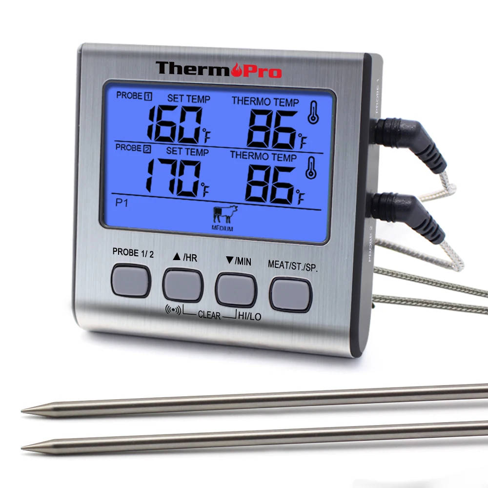 ThermoPro TP17 Digital Meat Thermometer for Kitchen, Oven, and BBQ Dual-probe thermometer with large backlit screen, preset USDA temperatures, and timer function. Dual-probe thermometer with large backlit screen, preset USDA temperatures, and timer function. ThermoPro TP17 Digital Meat Thermometer for Kitchen, Oven, and BBQ