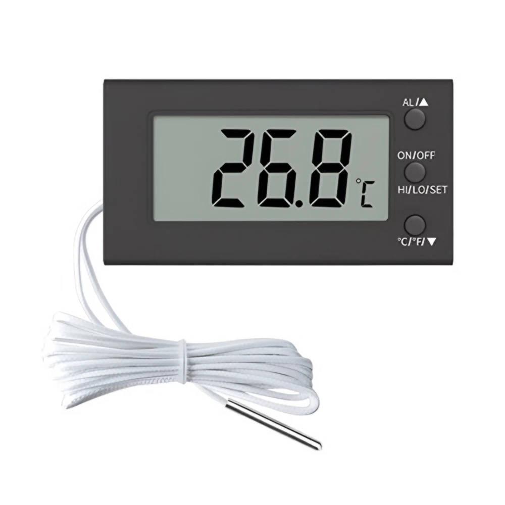 Digital Thermometer with Temperature Alarm for Laboratory and Storage Applications Accurate temperature monitoring with high and low temperature alarm, suitable for refrigerators, freezers, and pet crates. Accurate temperature monitoring with high and low temperature alarm, suitable for refrigerators, freezers, and pet crates. Digital Thermometer with Temperature Alarm for Laboratory and Storage Applications