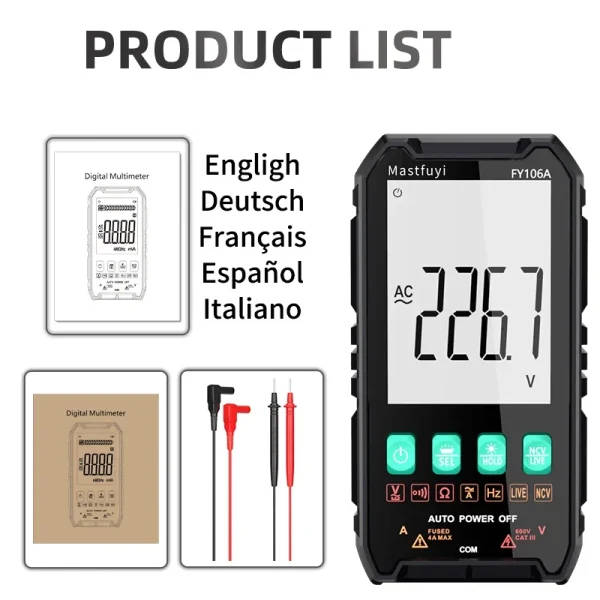 Professional Digital Multimeter 600V/4A True RMS Auto-Ranging Tester ...