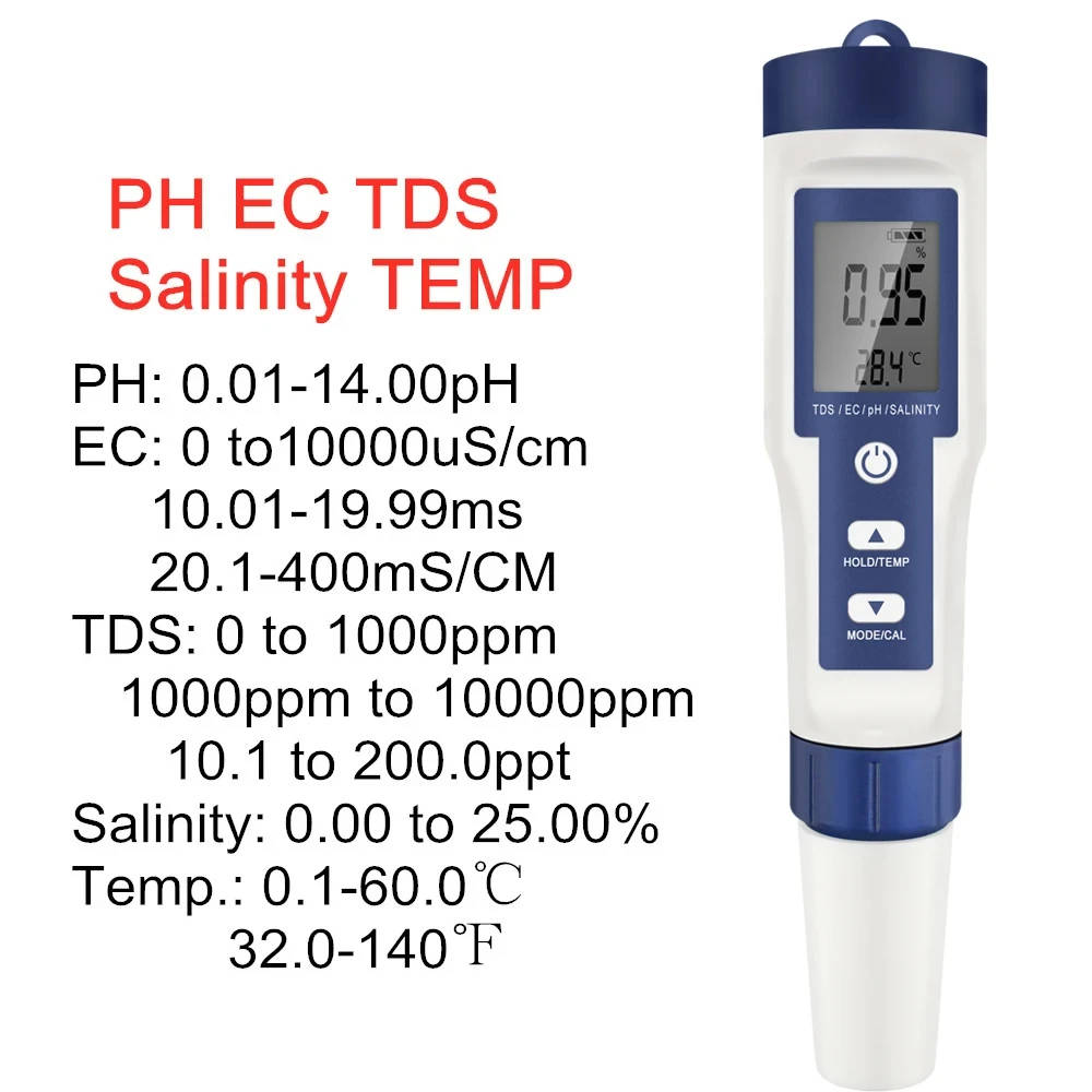 Multi-Parameter Water Quality Tester - 5 in 1 Digital pH, TDS, EC, Salinity, and Temperature Meter Accurately measure pH, TDS, EC, salinity, and temperature with this compact, backlit digital tester, ideal for laboratory and field applications. Accurately measure pH, TDS, EC, salinity, and temperature with this compact, backlit digital tester, ideal for laboratory and field applications. Multi-Parameter Water Quality Tester - 5 in 1 Digital pH, TDS, EC, Salinity, and Temperature Meter