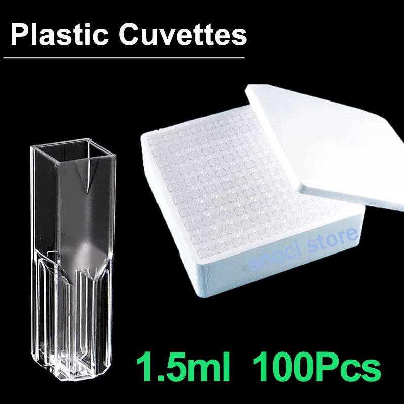 Semi-Micro Plastic Cuvettes for Spectrophotometry, 1.5ml Capacity, 100 Pieces Disposable polystyrene cuvettes with 10mm light path, suitable for spectrophotometric measurements between 340-750nm. Disposable polystyrene cuvettes with 10mm light path, suitable for spectrophotometric measurements between 340-750nm. Semi-Micro Plastic Cuvettes for Spectrophotometry, 1.5ml Capacity, 100 Pieces