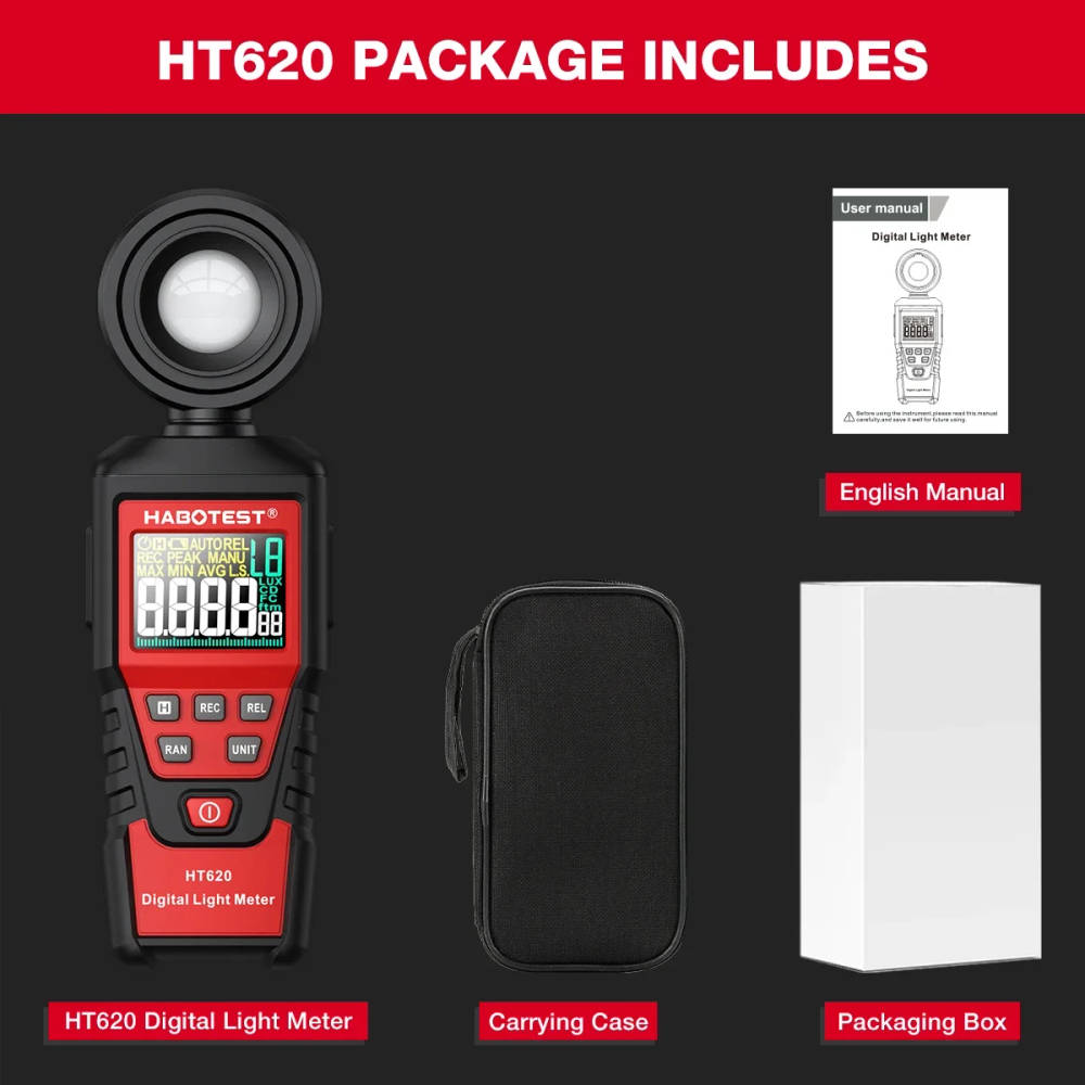 HABOTEST HT620 Digital Lux Meter - High Accuracy Illuminance Meter with Rotatable Light Sensor Accurately measure illuminance with the HABOTEST HT620 digital lux meter, featuring a rotatable light sensor for precise readings. Accurately measure illuminance with the HABOTEST HT620 digital lux meter, featuring a rotatable light sensor for precise readings. HABOTEST HT620 Digital Lux Meter - High Accuracy Illuminance Meter with Rotatable Light Sensor