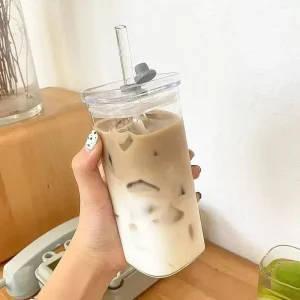 400ml Clear Glass Coffee Cup with Lid and Straw