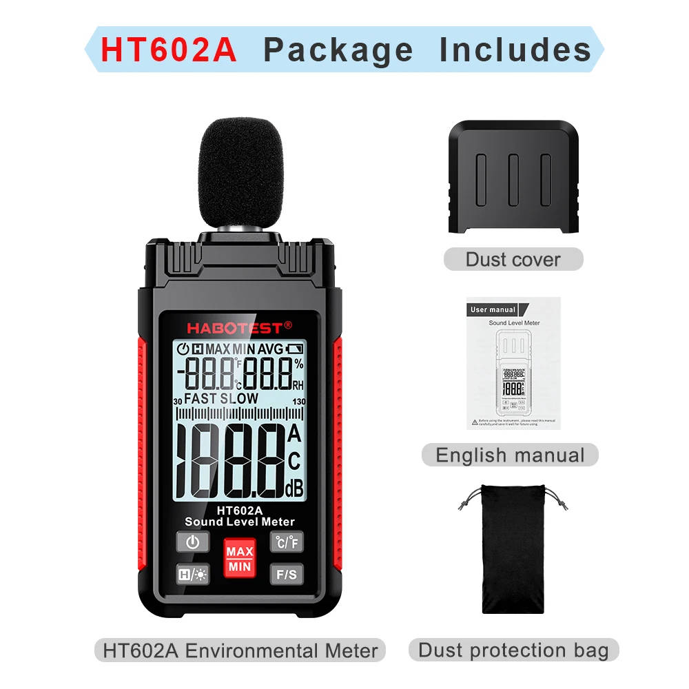 HABOTEST HT602 Digital Sound Level Meter - Accurate Noise Measurement 30-130dB Precise and portable sound level meter for measuring noise levels in various environments, ideal for educational and industrial applications. Precise and portable sound level meter for measuring noise levels in various environments, ideal for educational and industrial applications. HABOTEST HT602 Digital Sound Level Meter - Accurate Noise Measurement 30-130dB
