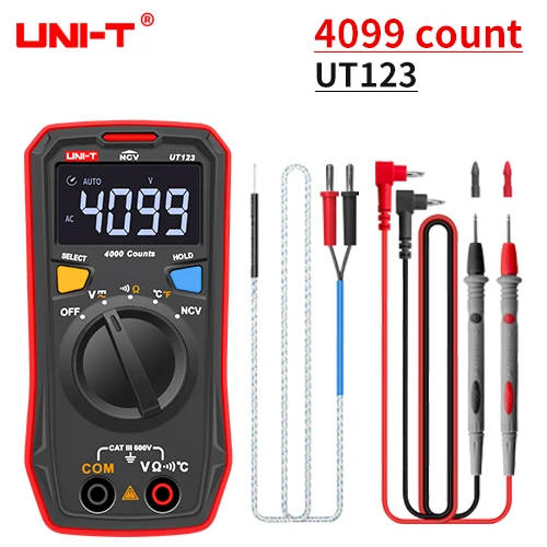 UNI-T UT123 Compact Digital Multimeter with EBTN Colour Display Portable, high-accuracy multimeter for DIY and electrical maintenance, measuring AC/DC voltage, resistance, temperature, and featuring NCV and continuity testing. Portable, high-accuracy multimeter for DIY and electrical maintenance, measuring AC/DC voltage, resistance, temperature, and featuring NCV and continuity testing. UNI-T UT123 Compact Digital Multimeter with EBTN Colour Display