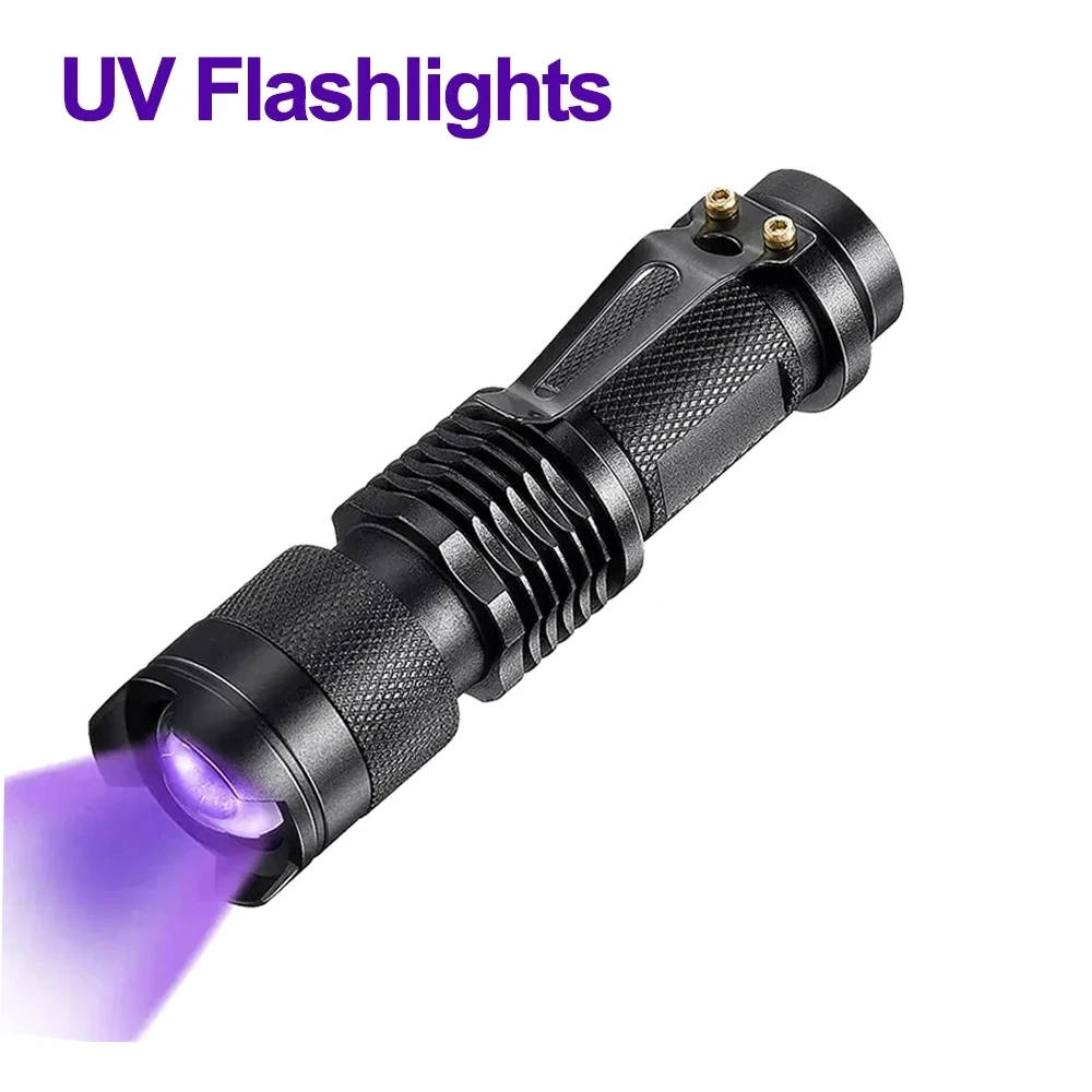 Portable UV LED Flashlight - 365/395nm Waterproof Zoomable Ultraviolet Light for Laboratory and Field Use Compact, durable UV LED flashlight ideal for detecting fluorescent materials, pet stains, and scorpions. Waterproof and long-lasting with 10,000 hours lifespan. Compact, durable UV LED flashlight ideal for detecting fluorescent materials, pet stains, and scorpions. Waterproof and long-lasting with 10,000 hours lifespan. Portable UV LED Flashlight - 365/395nm Waterproof Zoomable Ultraviolet Light for Laboratory and Field Use