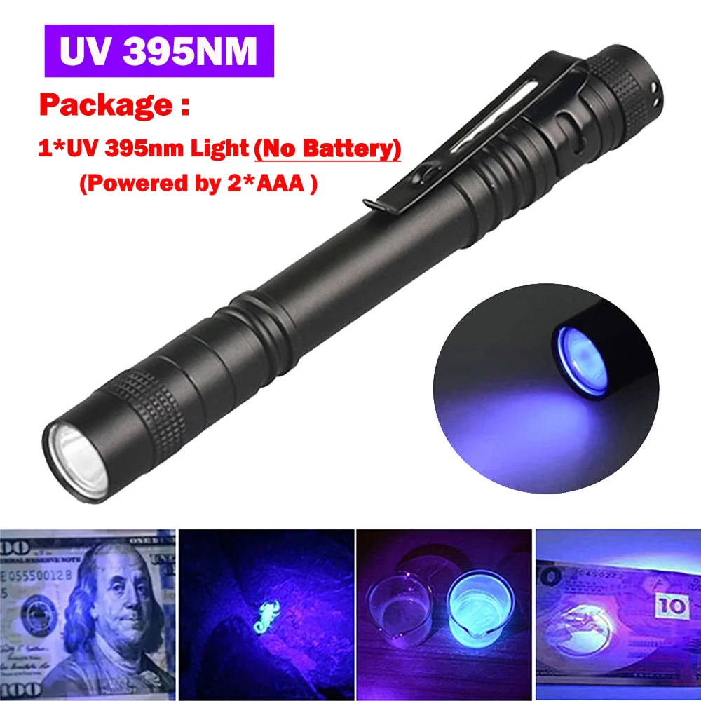 Mini UV Flashlight 365nm/395nm Ultraviolet Blacklight USB Rechargeable Compact UV flashlight with 365nm or 395nm wavelength, USB rechargeable, ideal for detecting pet urine, scorpions, and verifying authenticity. Compact UV flashlight with 365nm or 395nm wavelength, USB rechargeable, ideal for detecting pet urine, scorpions, and verifying authenticity. Mini UV Flashlight 365nm/395nm Ultraviolet Blacklight USB Rechargeable