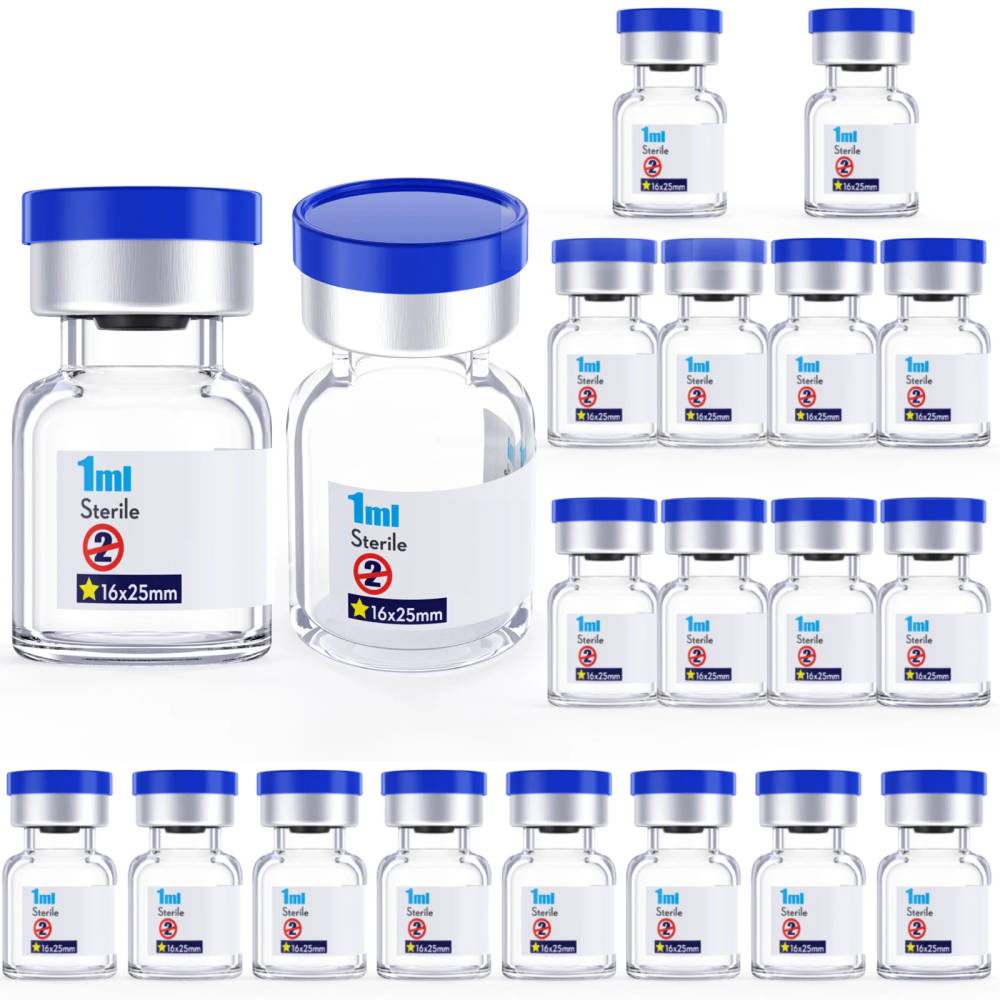 Sterile Glass Vials with Rubber Stopper and Burr-Free Aluminum-Plastic Cap - Pack of 20 High-quality, sterile glass vials for laboratory use, sealed with rubber stoppers and aluminum-plastic caps, ensuring leak-proof storage and contamination protection. High-quality, sterile glass vials for laboratory use, sealed with rubber stoppers and aluminum-plastic caps, ensuring leak-proof storage and contamination protection. Sterile Glass Vials with Rubber Stopper and Burr-Free Aluminum-Plastic Cap - Pack of 20