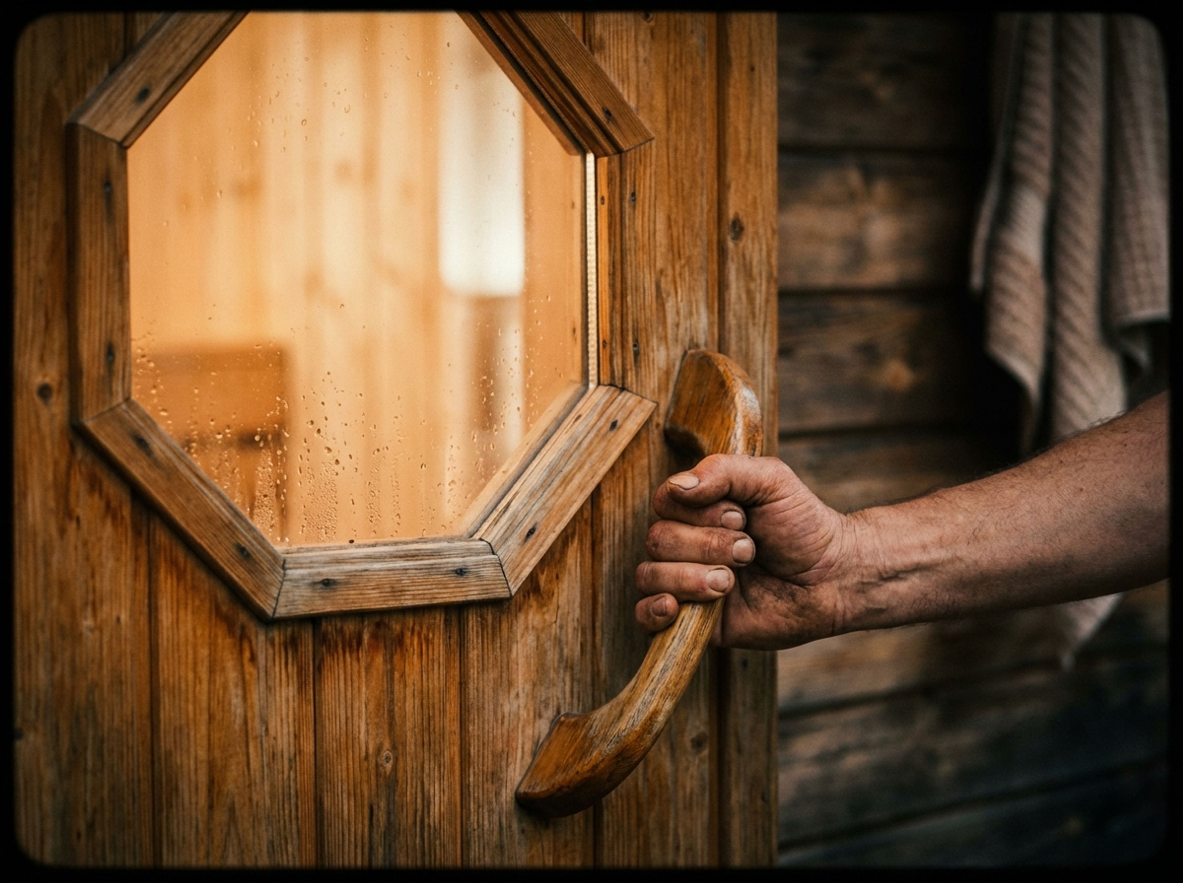 Traditional sauna door with wooden handle and octagonal window