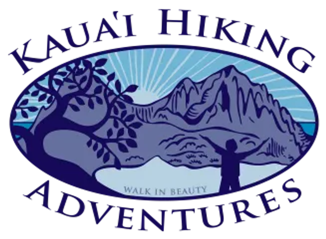 Logo for Kauai Hiking Adventures featuring mountains and a person with arms outstretched.