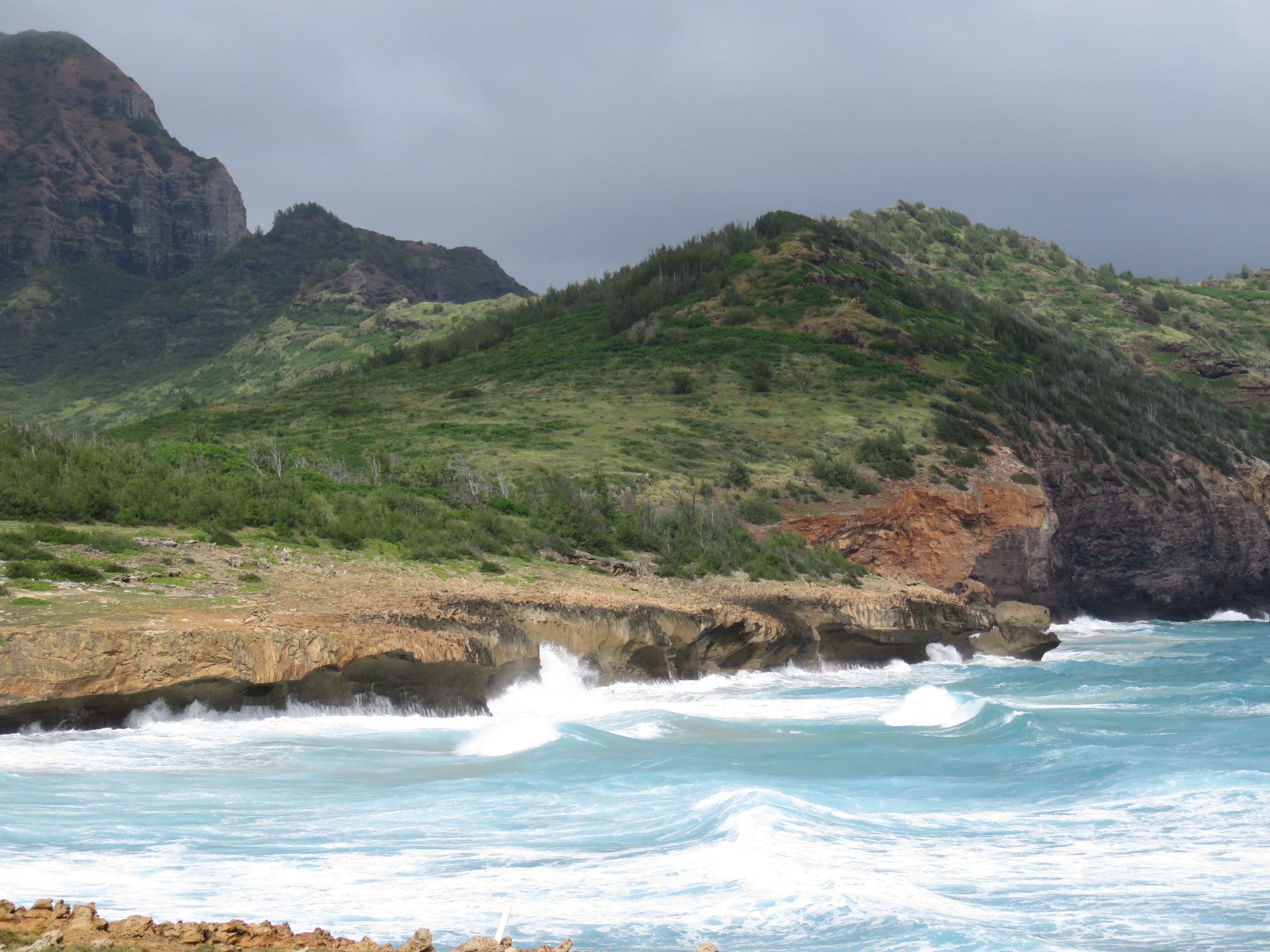 Coastal landscape with waves crashing against rocky shore and green hills in the background.