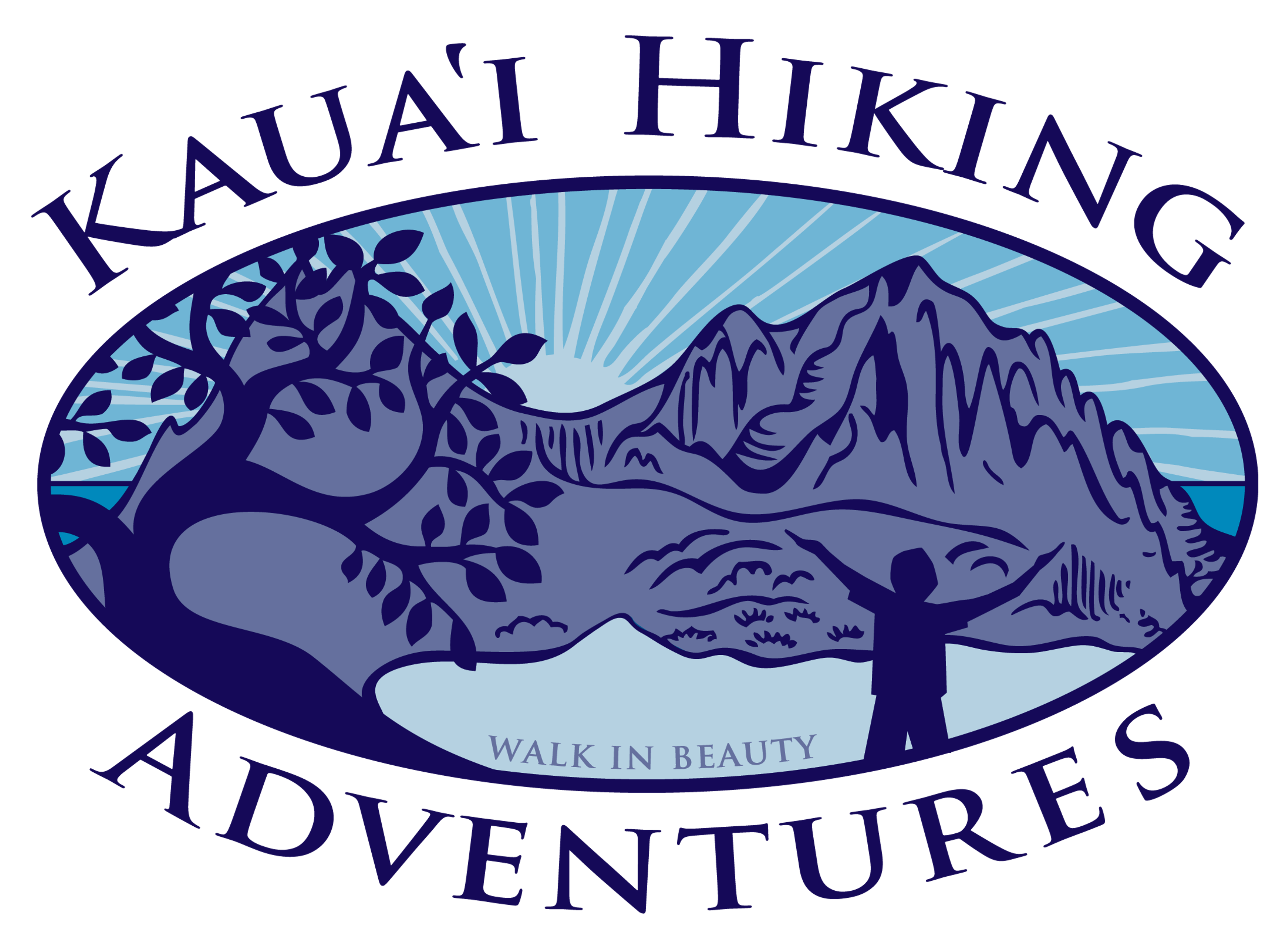 Logo for Kaua'i Hiking Adventures featuring mountains and a person with outstretched arms.