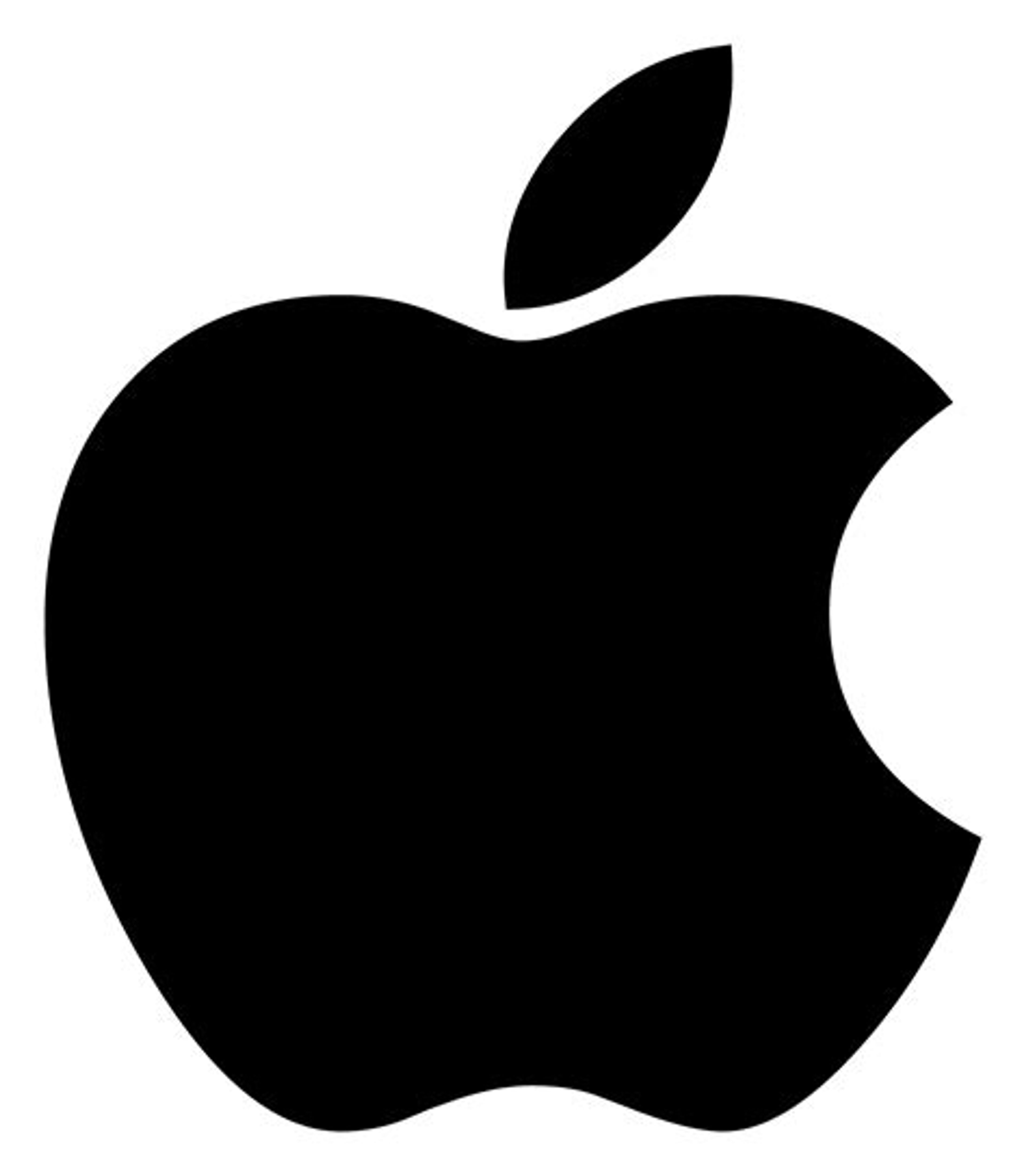 Black apple logo with a leaf on top, representing the brand Apple.