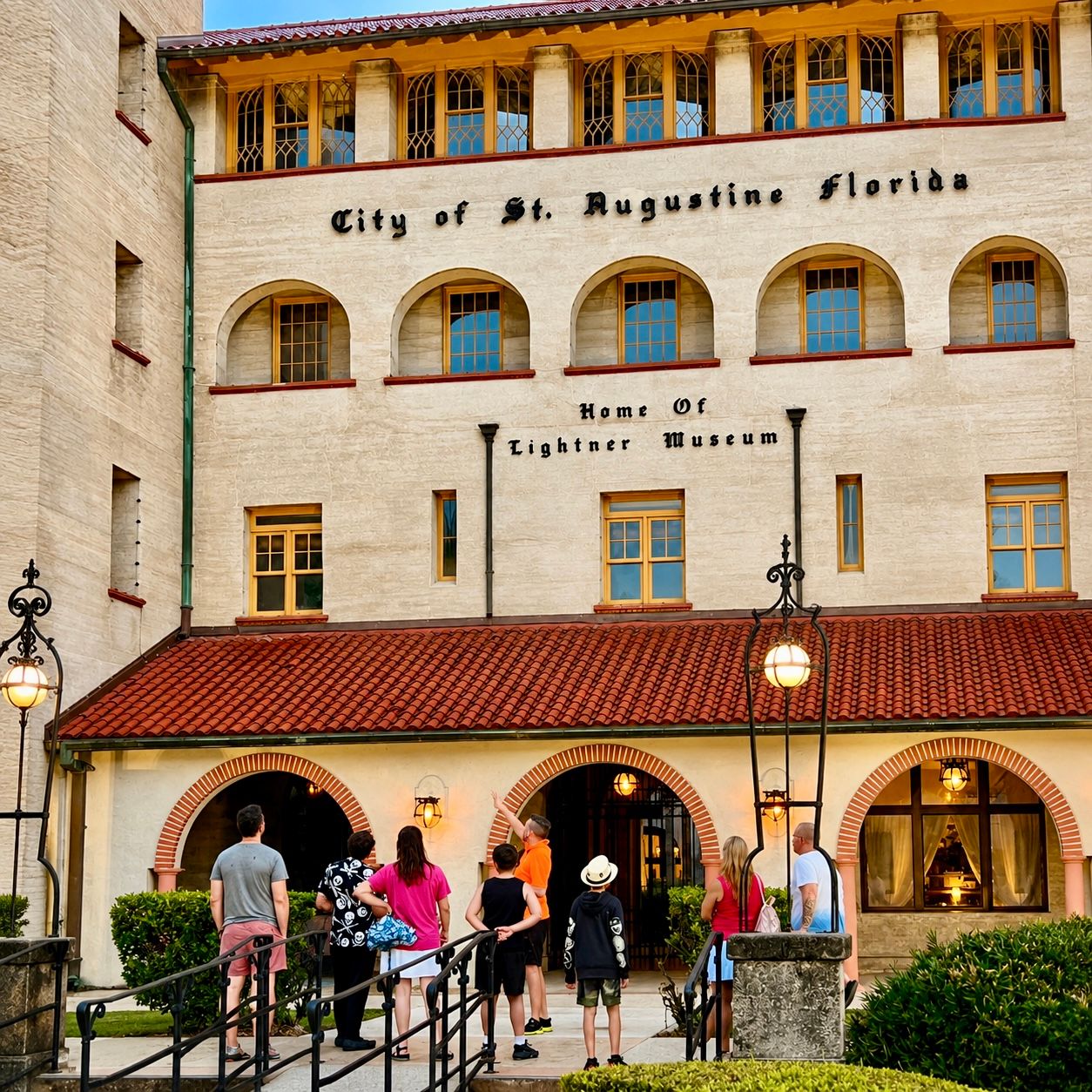 Visitors gather outside the Lightner Museum in St. Augustine, Florida.