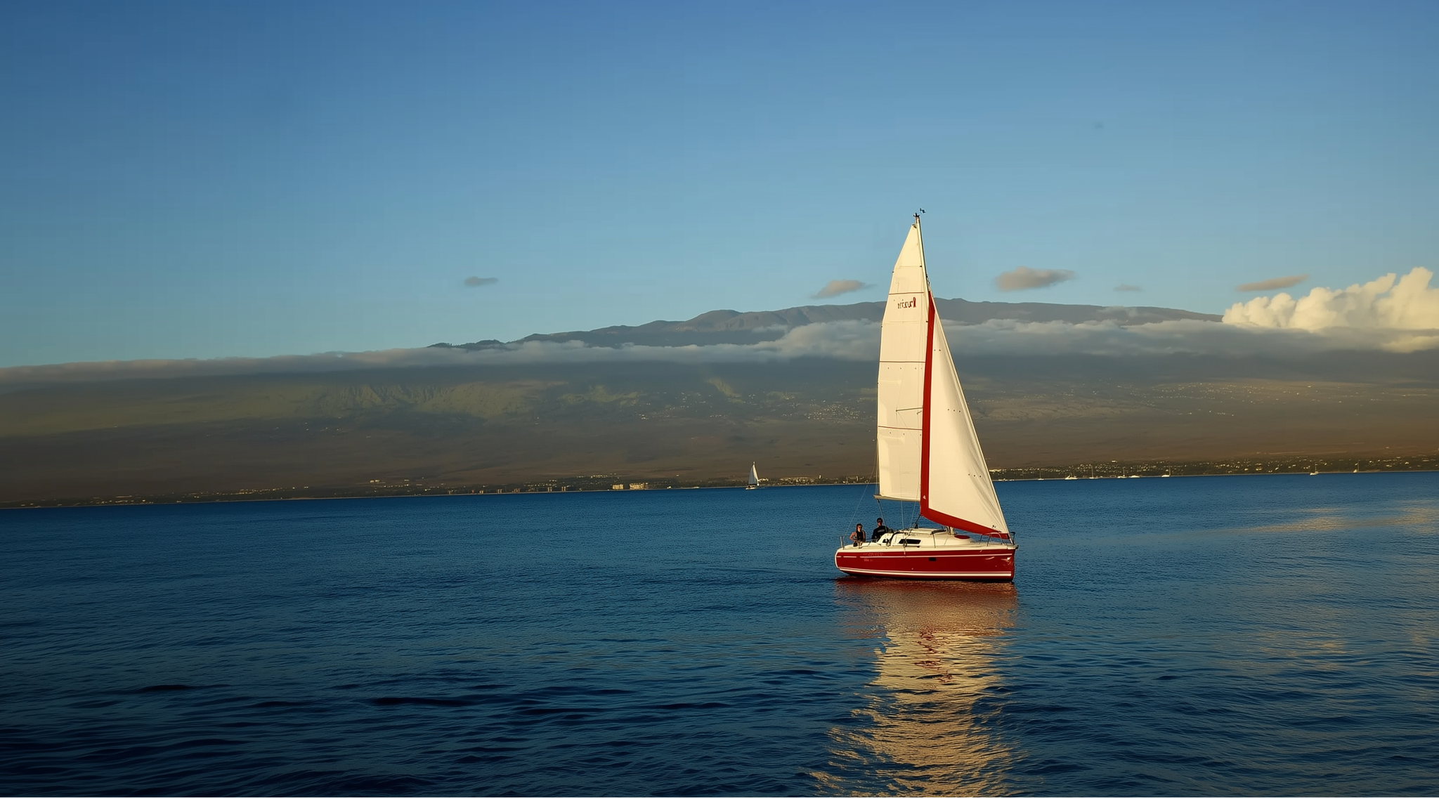 A sailboat on calm waters with mountains in the background under a clear blue sky.