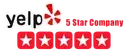 Yelp logo with five red stars indicating a high rating