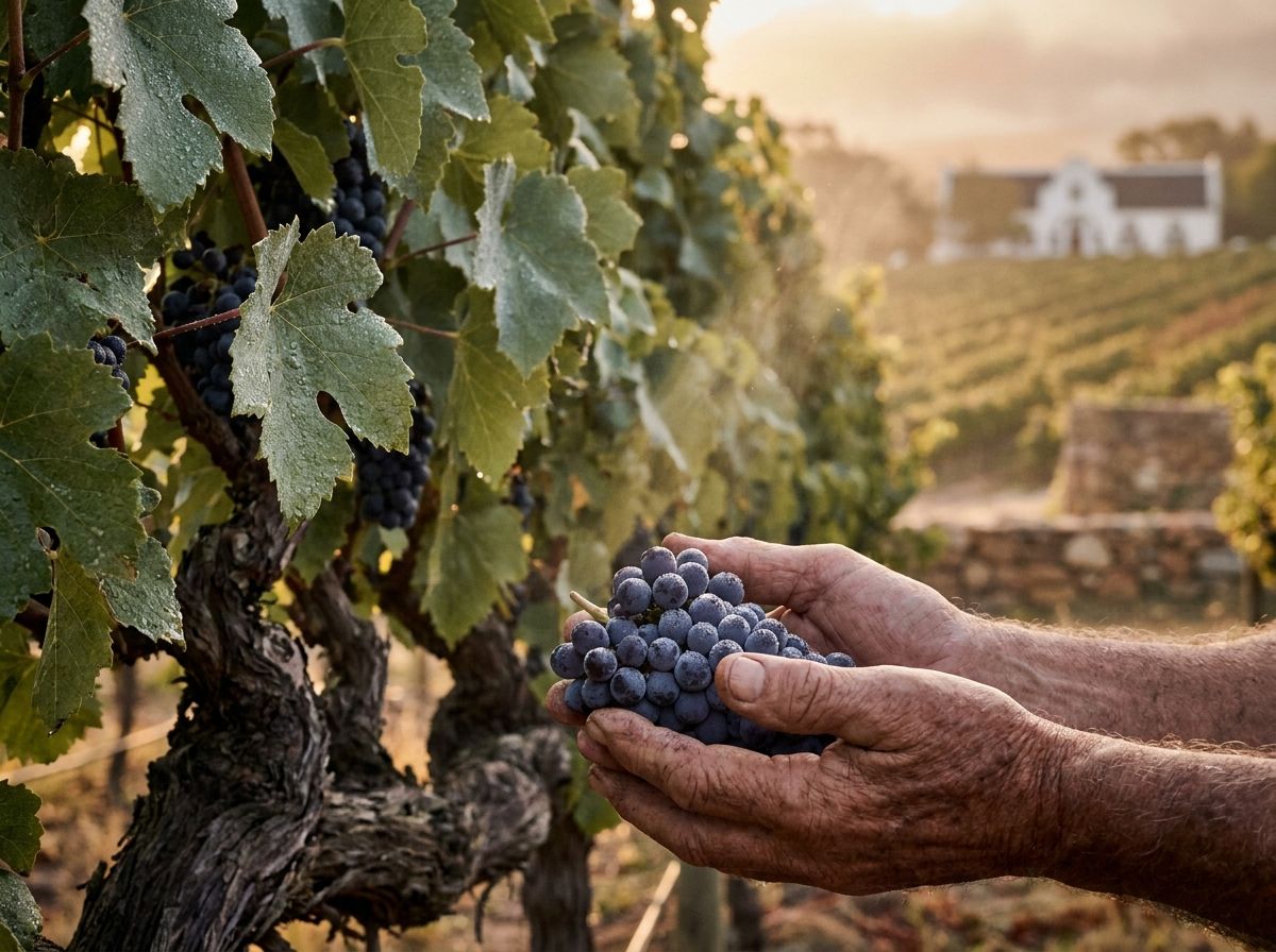 Winemaker's hands holding cluster of purple wine grapes on vine with morning dew