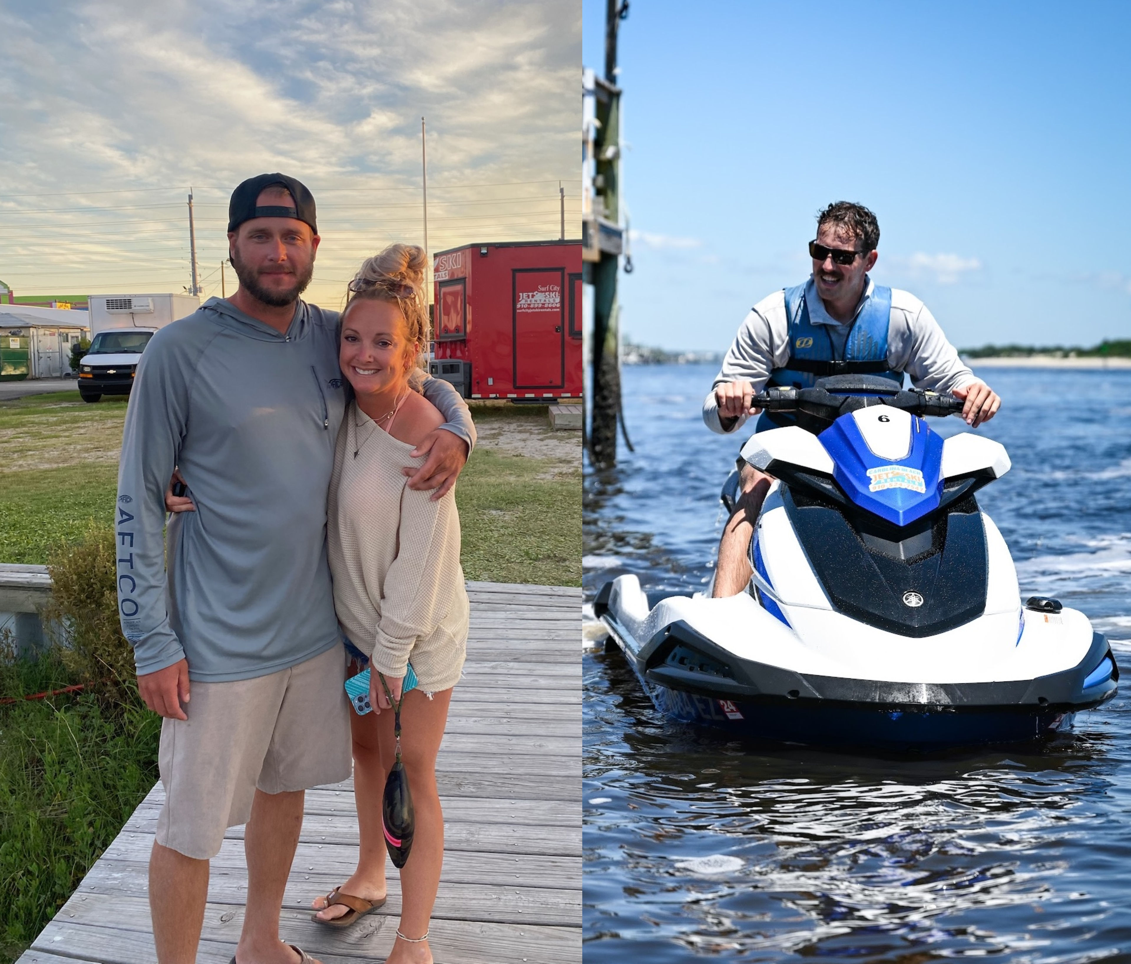 Two people posing on a dock and a man riding a jet ski on water.