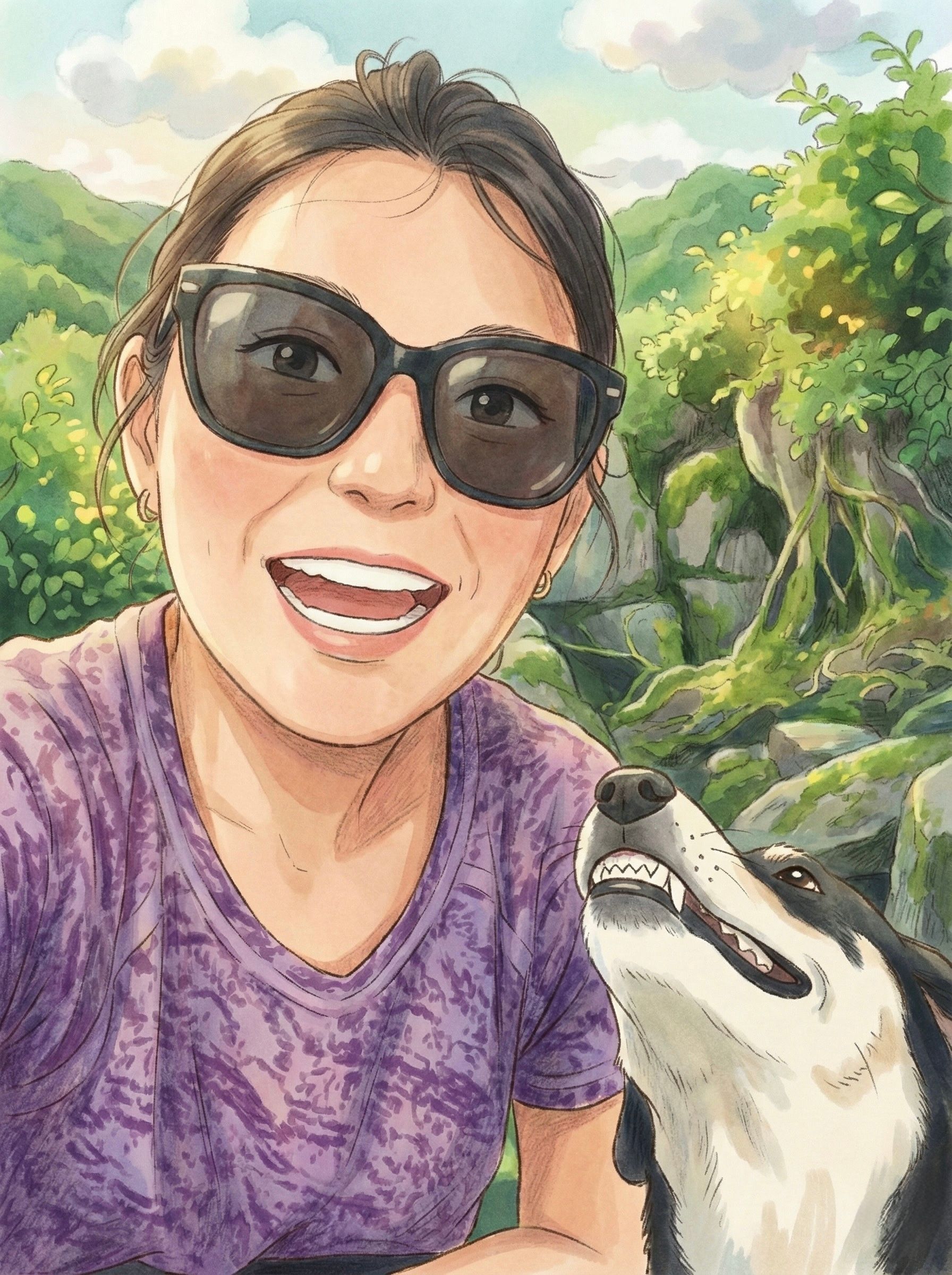 A smiling person with sunglasses taking a selfie with a dog in a scenic outdoor setting.