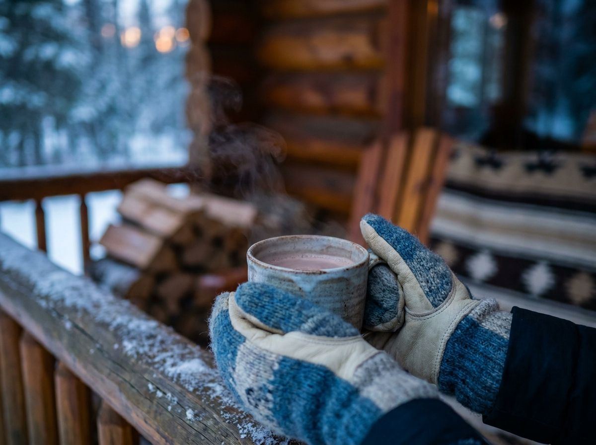 Hands in mittens holding steaming mug of hot cocoa with luxury lodge interior softly blurred behind