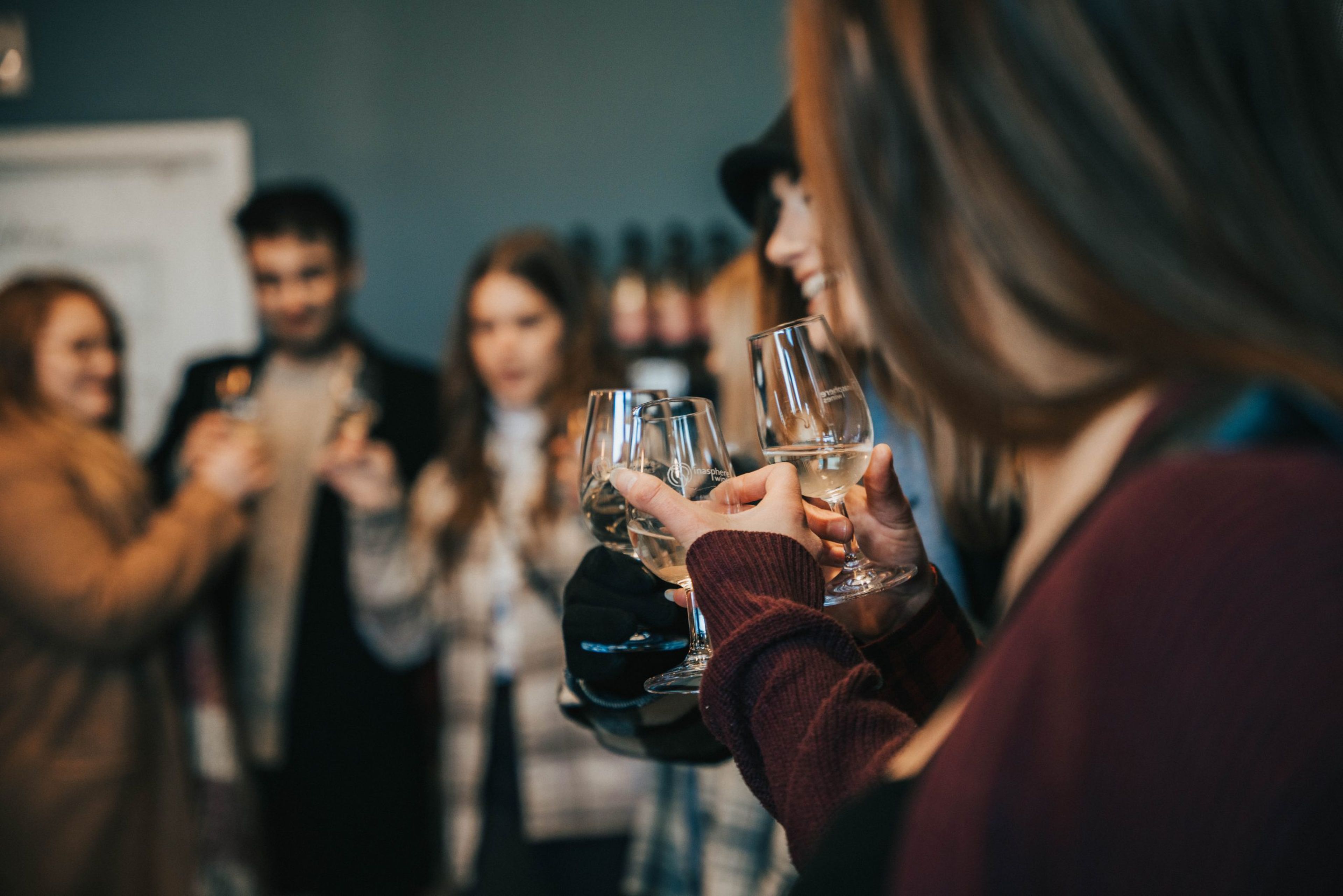 Group of friends toasting with glasses in a social setting