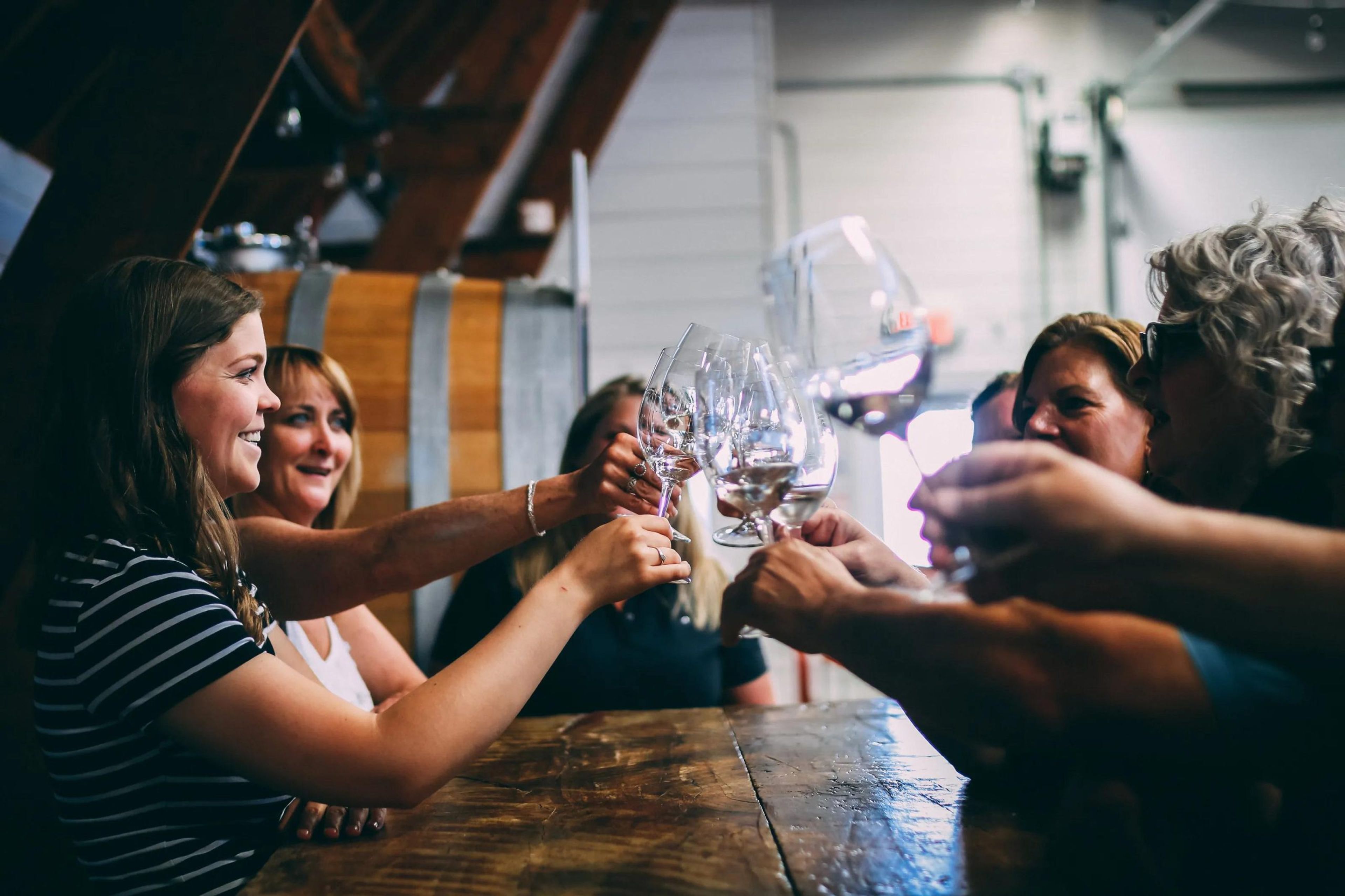 Group of people toasting with wine glasses at a wooden table