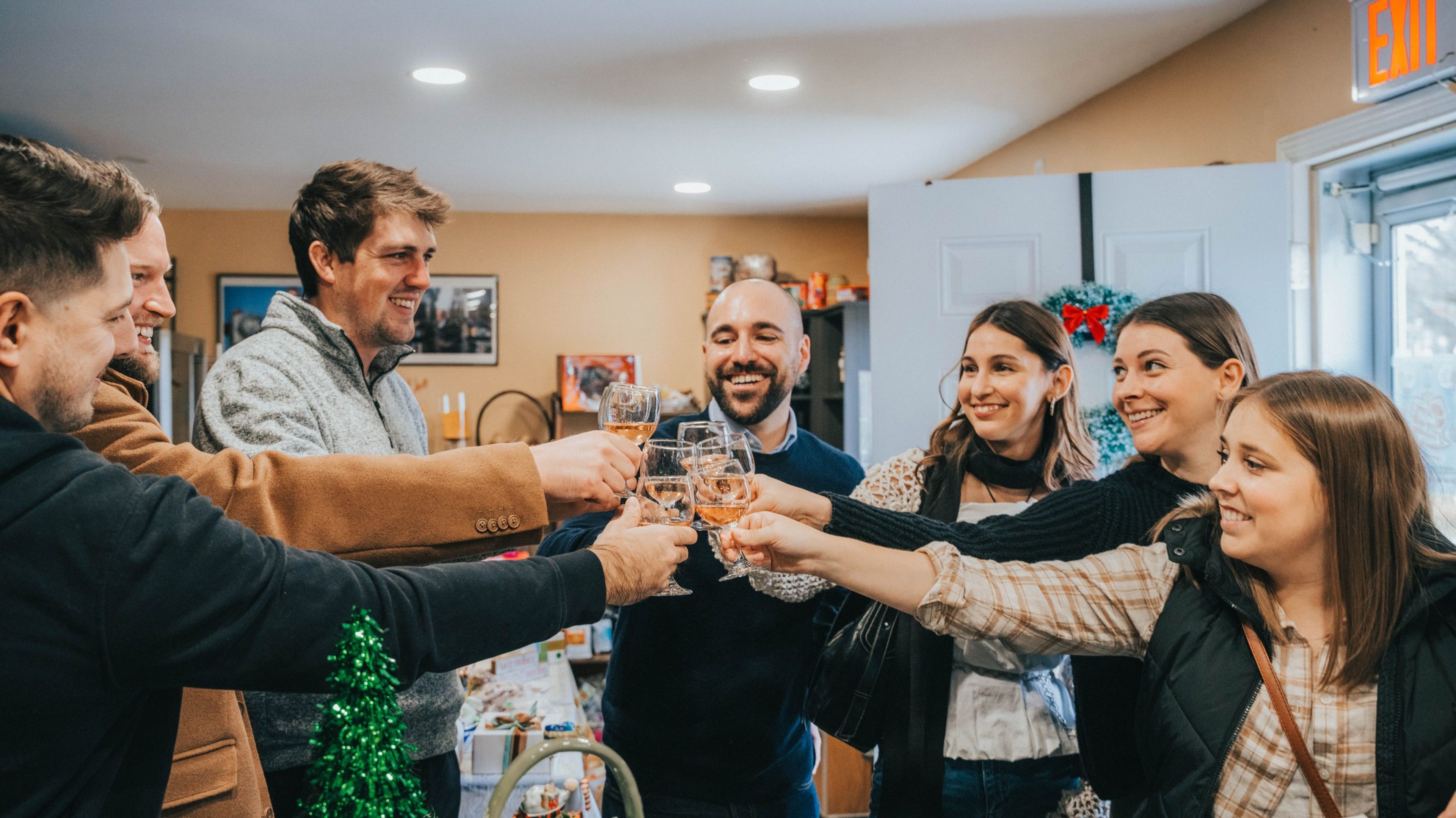 Group of friends toasting with glasses in a festive setting