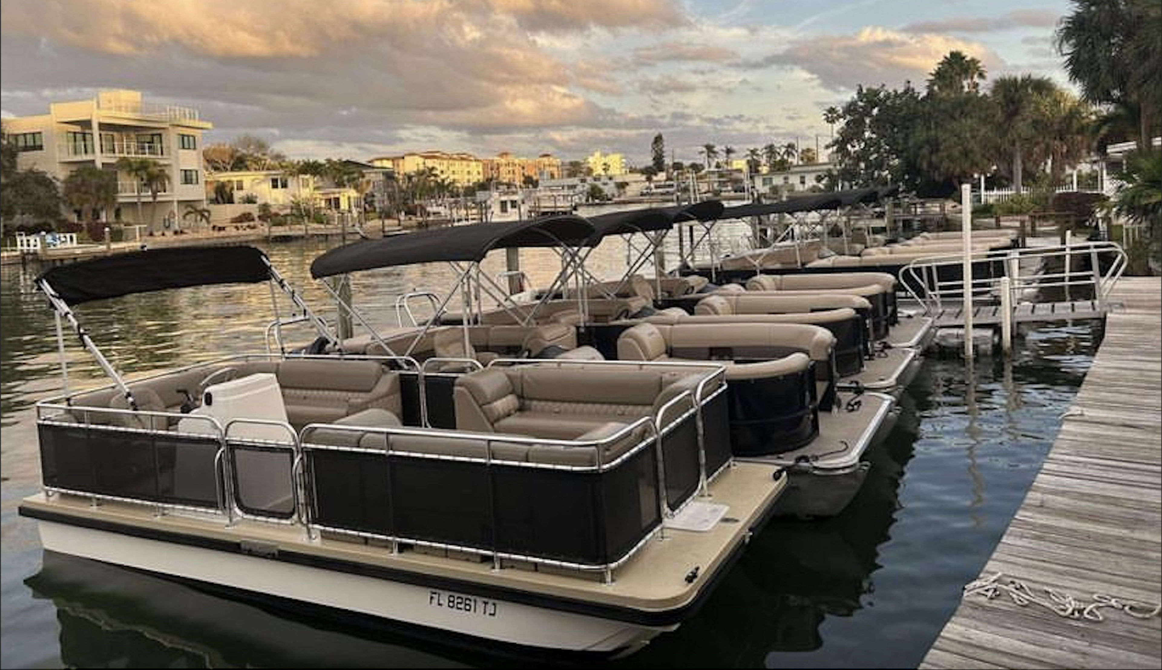 Several pontoon boats docked at a marina with waterfront homes in the background.