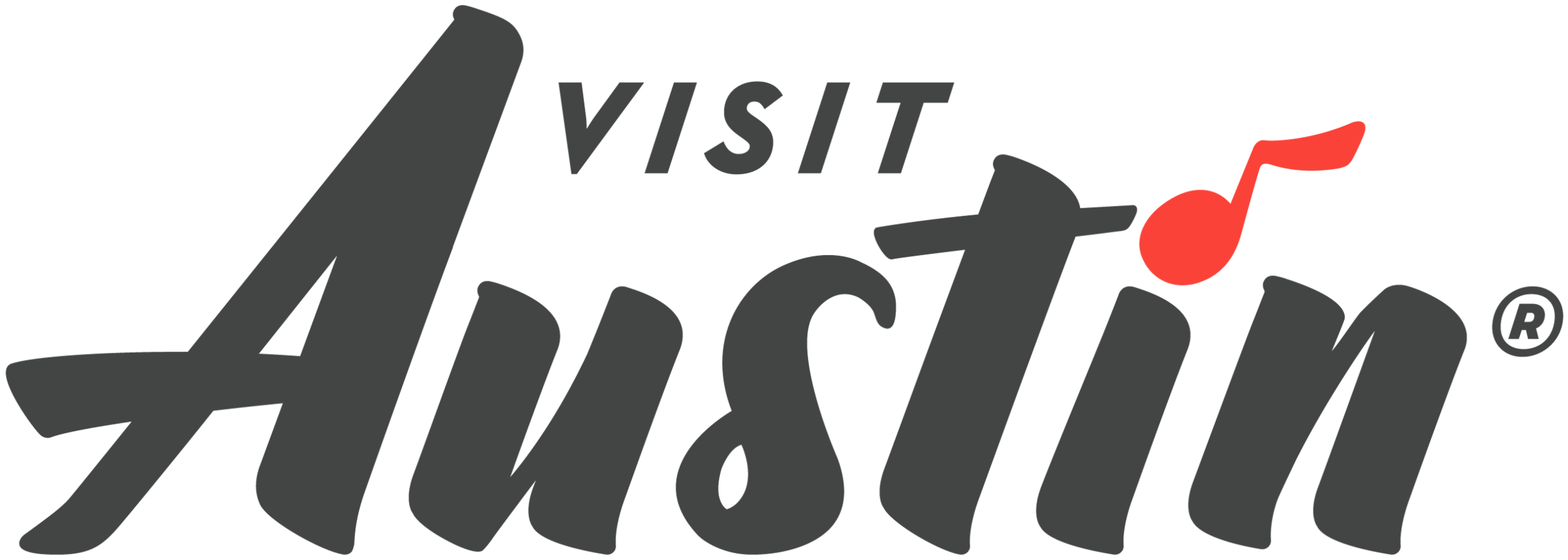 Logo for Visit Austin featuring the word 'Austin' and a musical note.