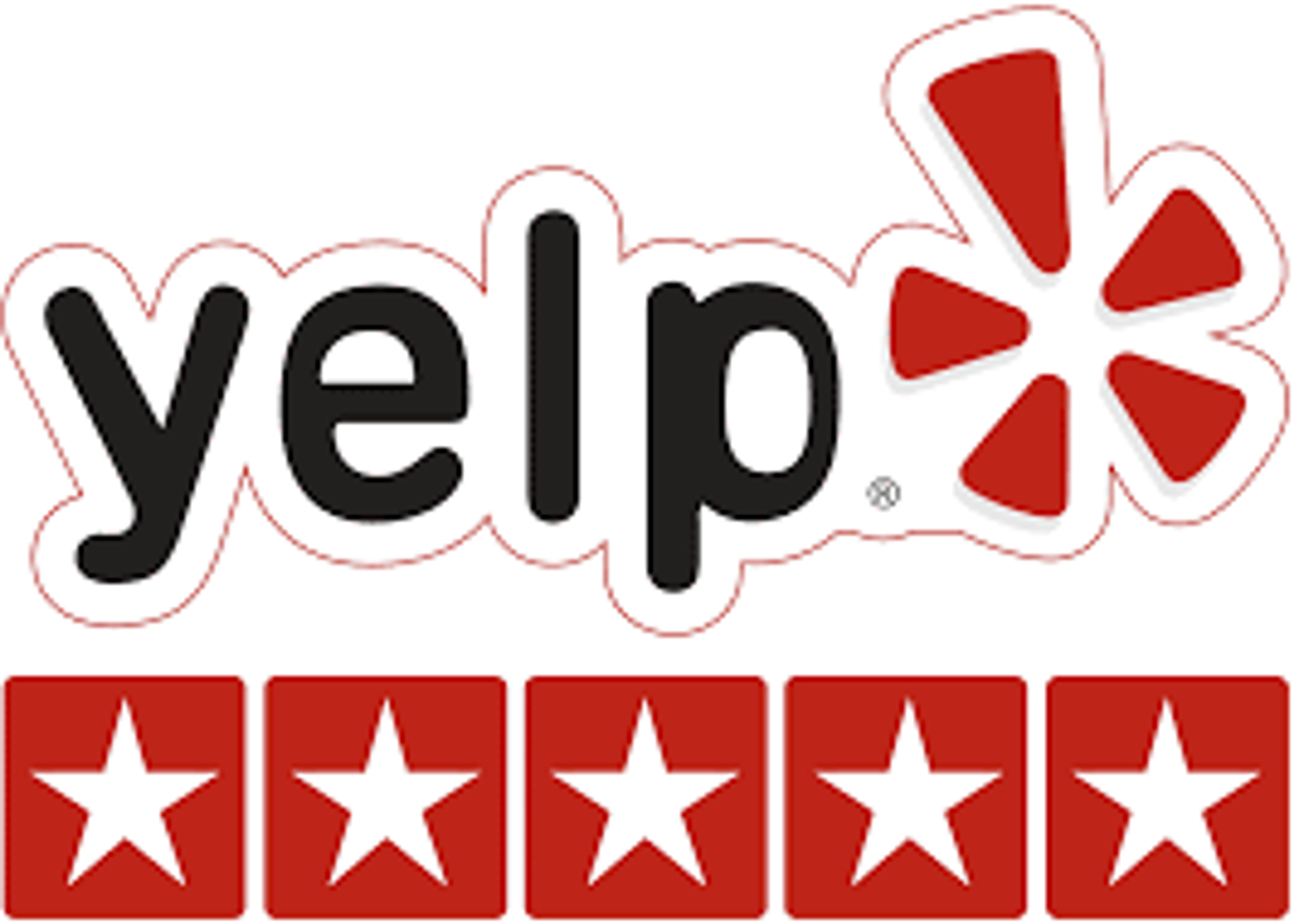 Yelp logo with five red star ratings displayed below it