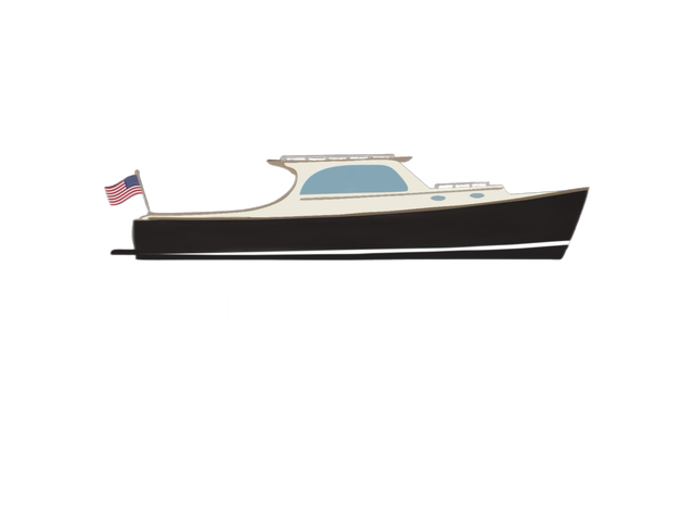 Illustration of a boat with an American flag on a white background.