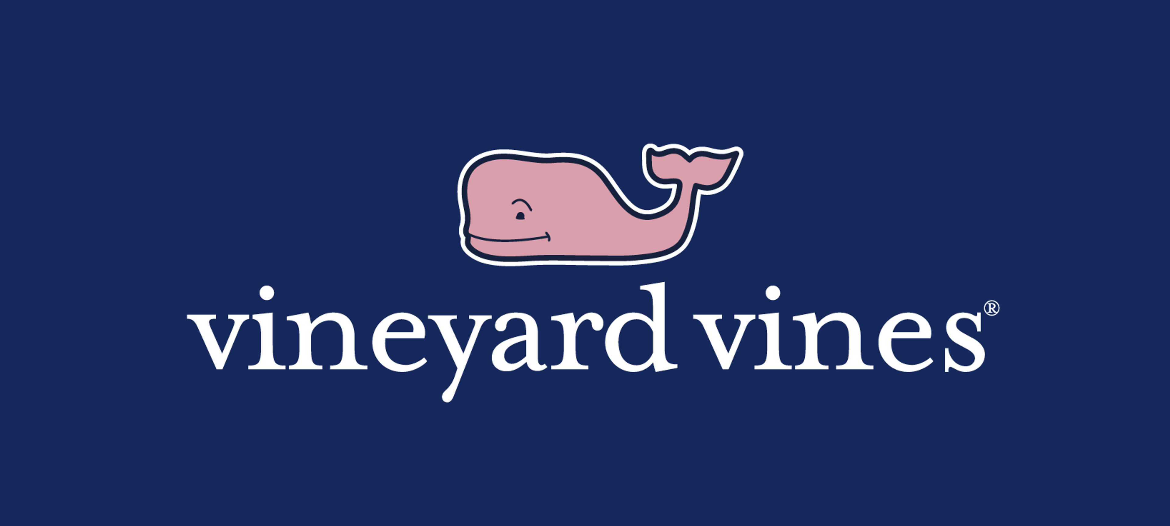 Vineyard Vines logo featuring a pink whale on a navy background.