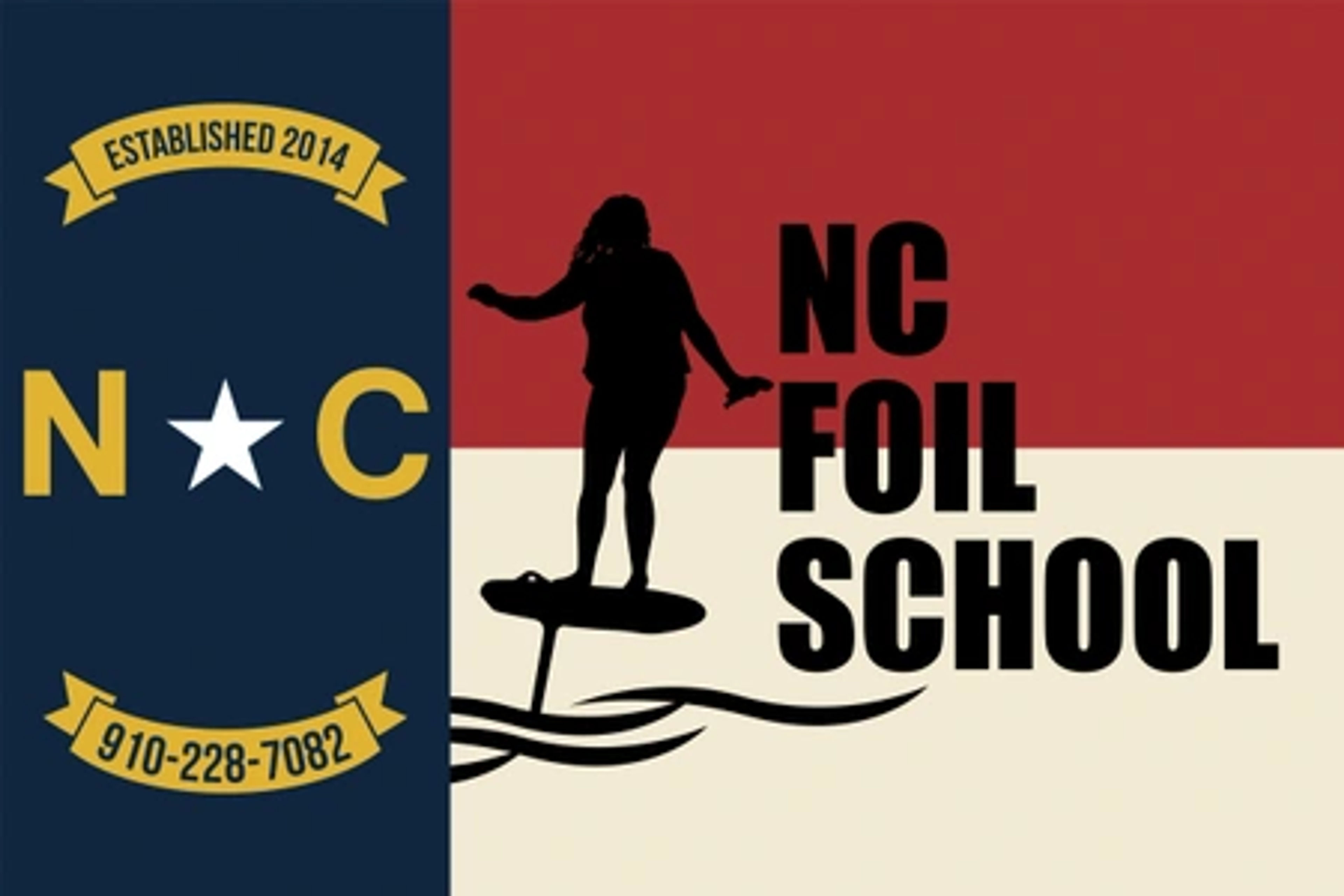 Logo of NC Foil School featuring a silhouette of a surfer and North Carolina colors.