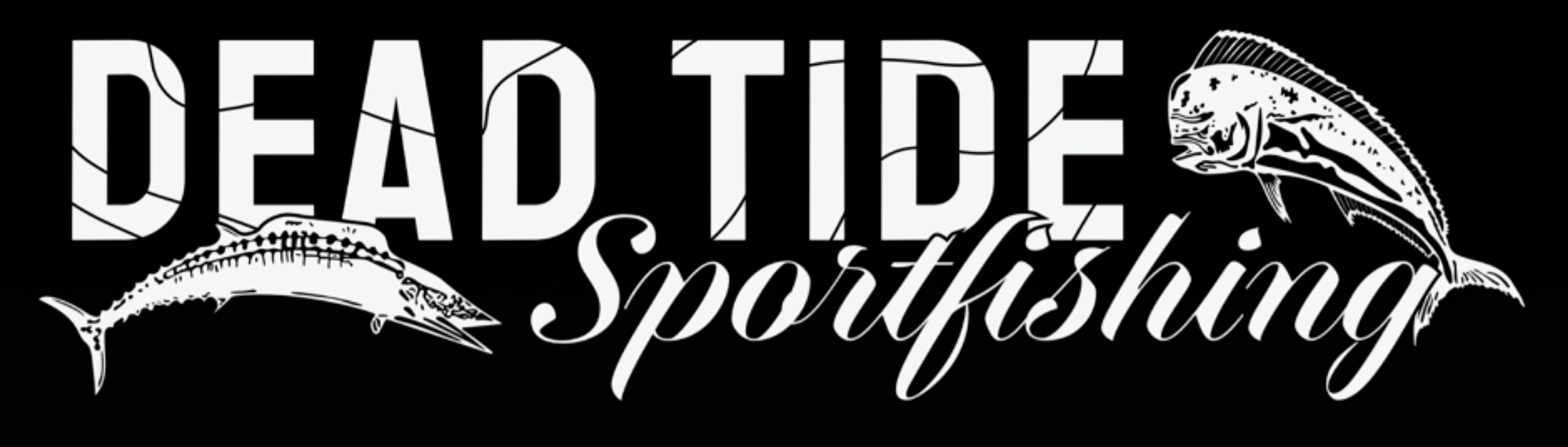 Logo for Dead Tide Sportfishing featuring fish illustrations and stylized text.