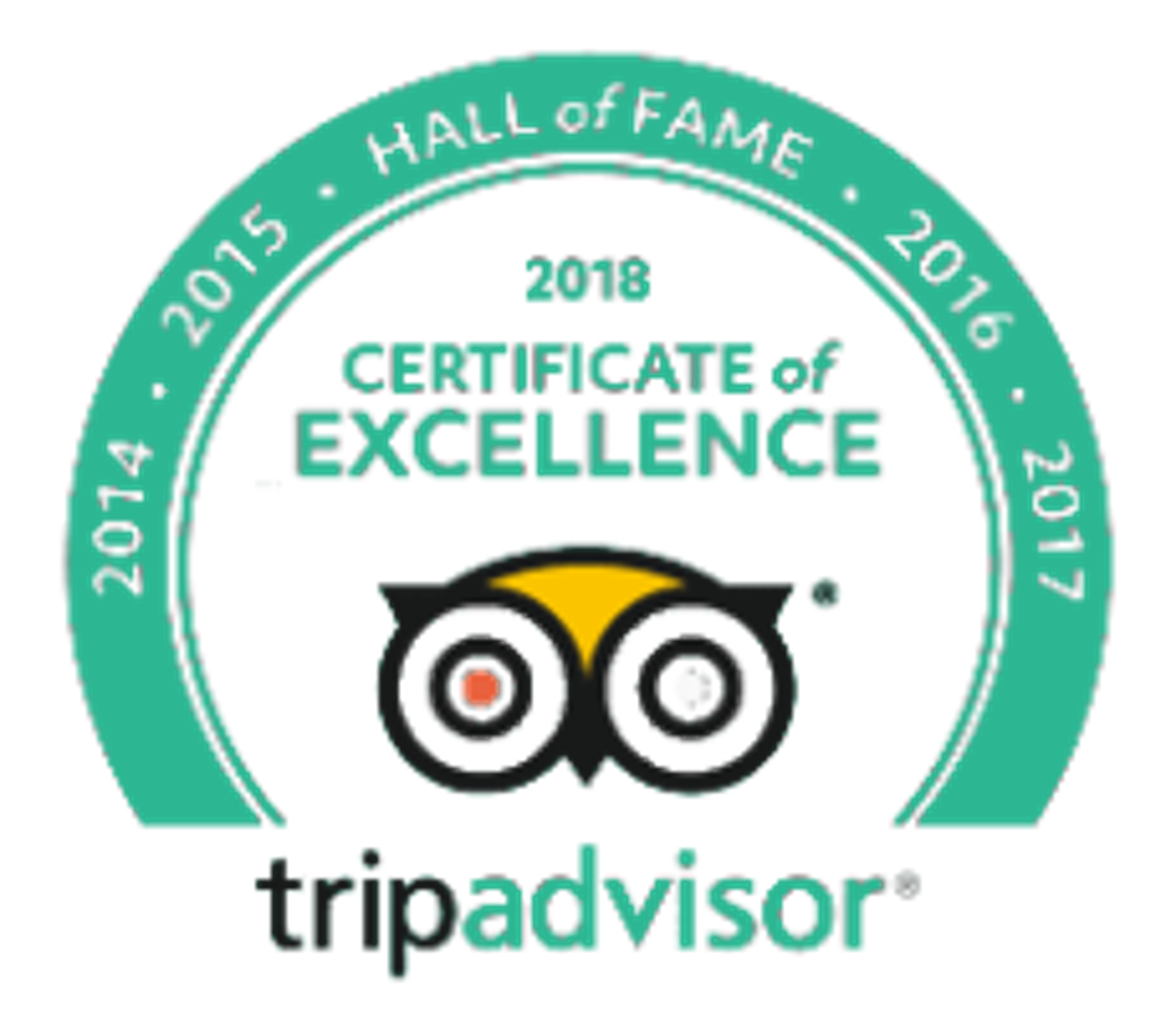 TripAdvisor Certificate of Excellence for 2018, featuring a logo and award details.