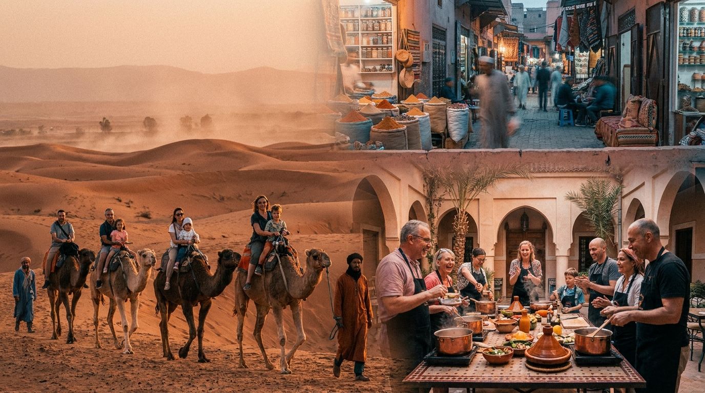 Multiple tour activities showing camel riding in desert, cooking class in riad, and spice market exploration