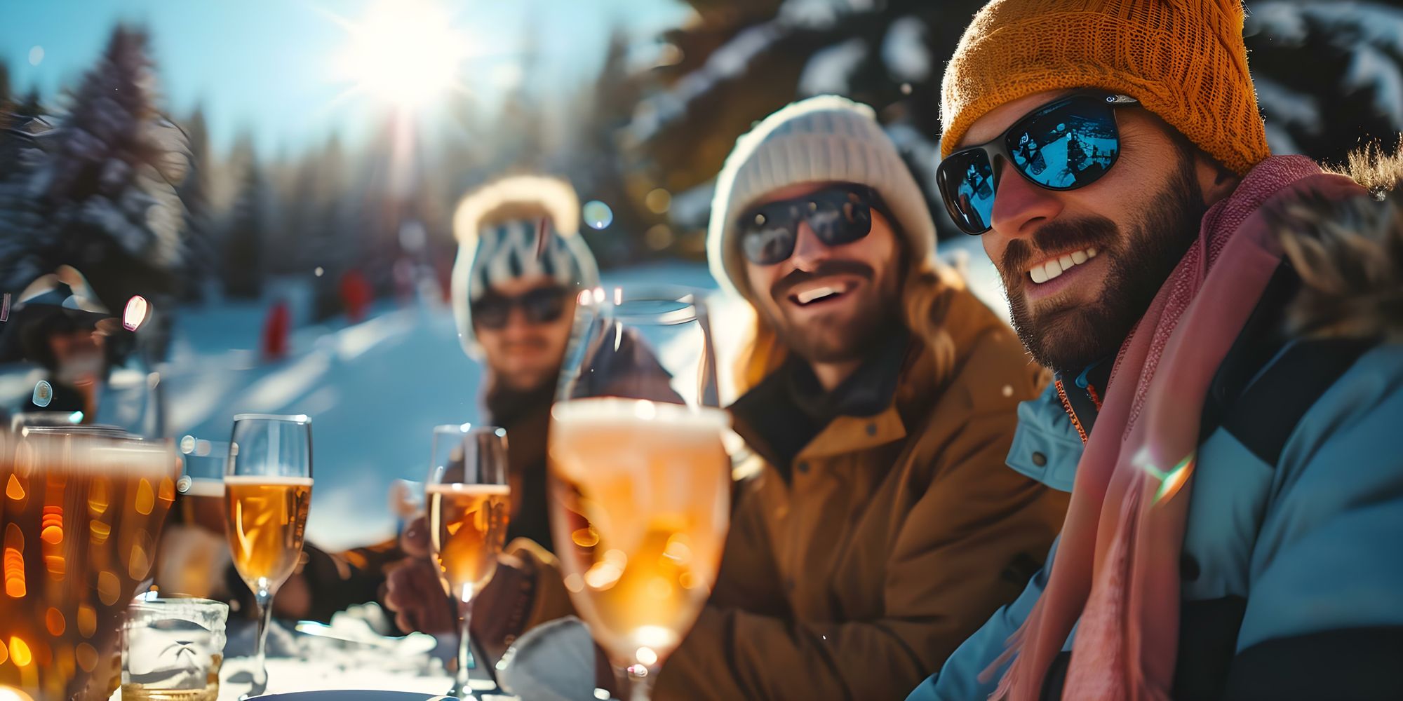 Enjoying drinks with friends after a day of heli skiing in British Columbia