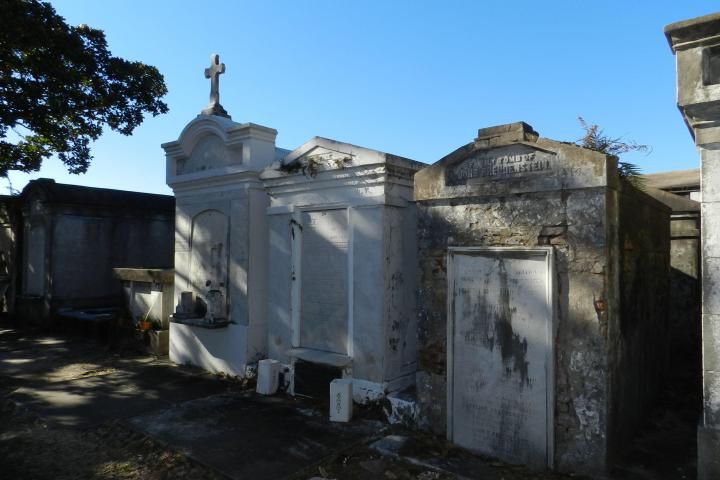 Above-ground tombs in a row.