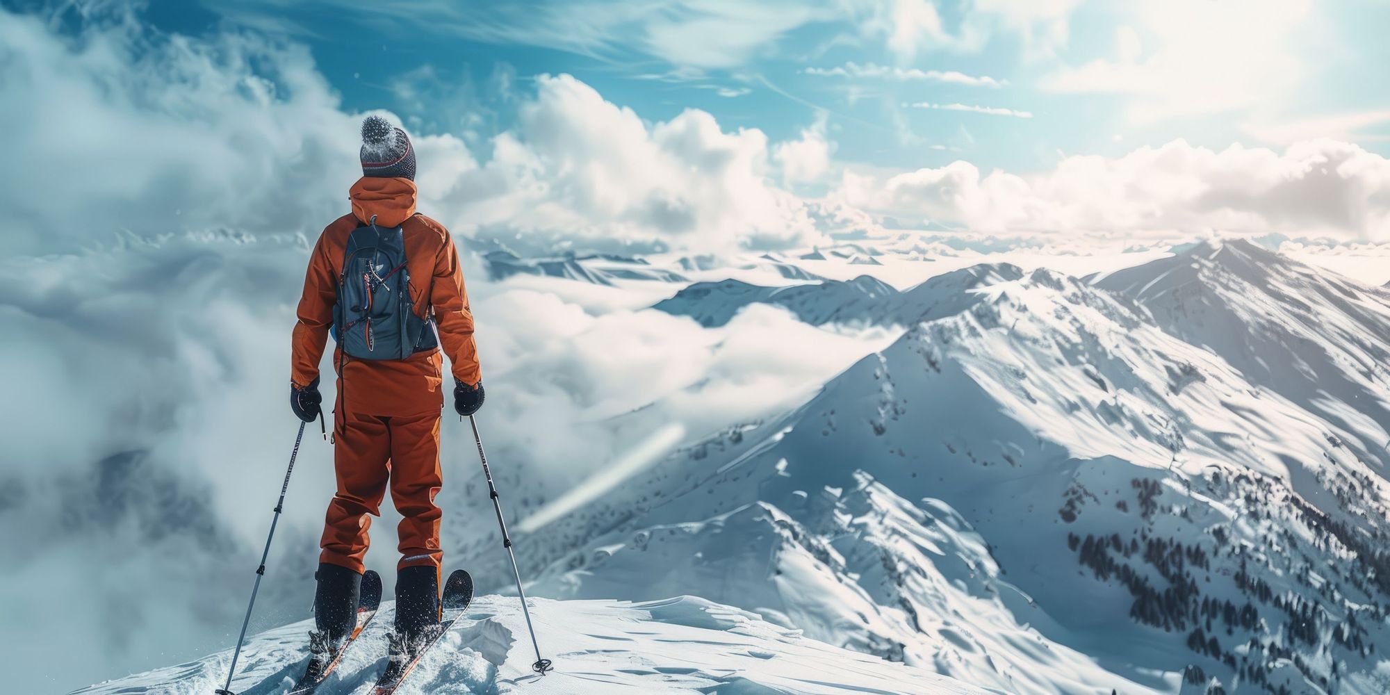 Skier on mountain in British Columbia, heli ski