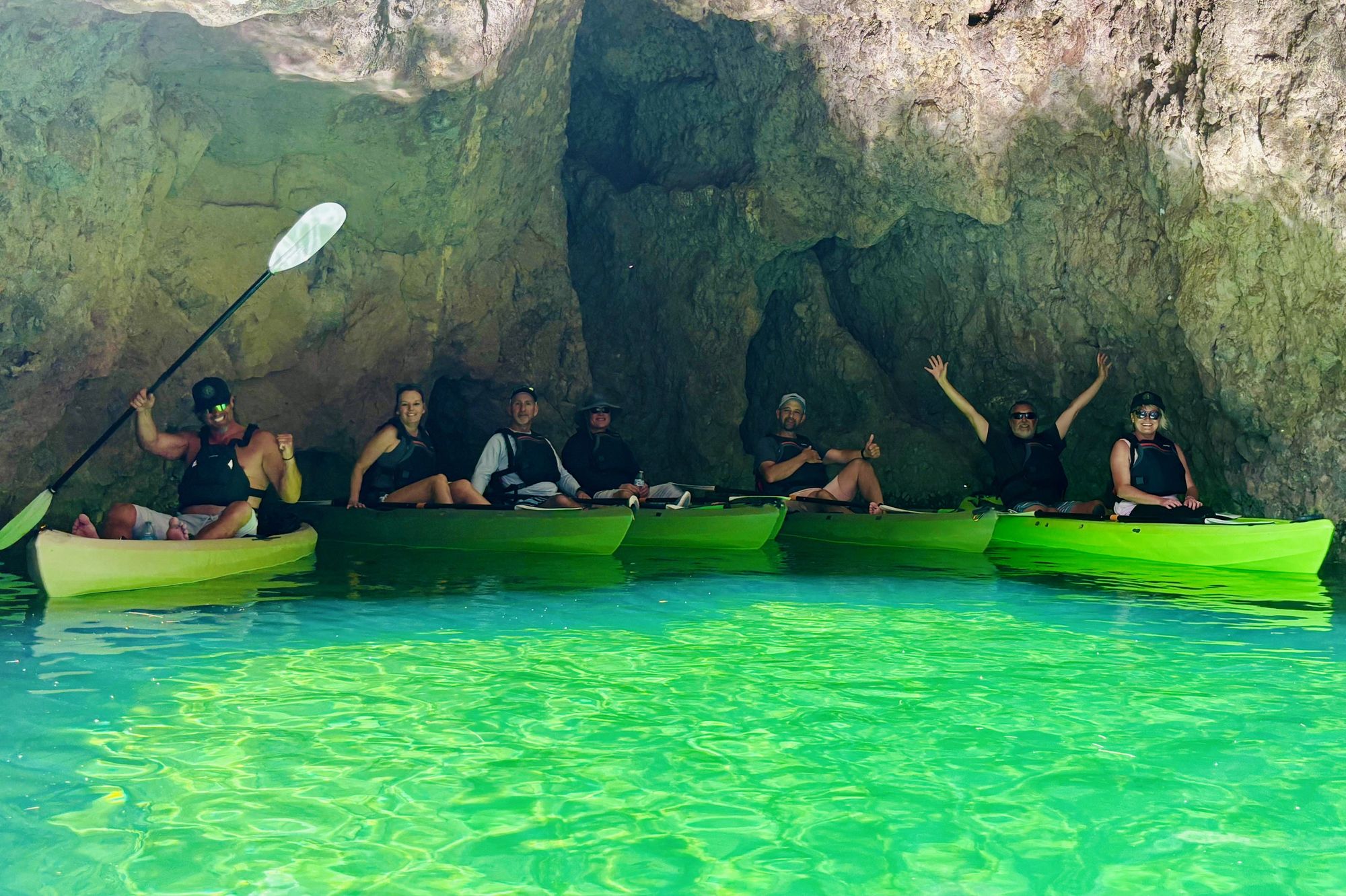Guests kayaking beyond Emerald Cave through the Black Canyon Narrows on a full-day Colorado River adventure near Las Vegas.