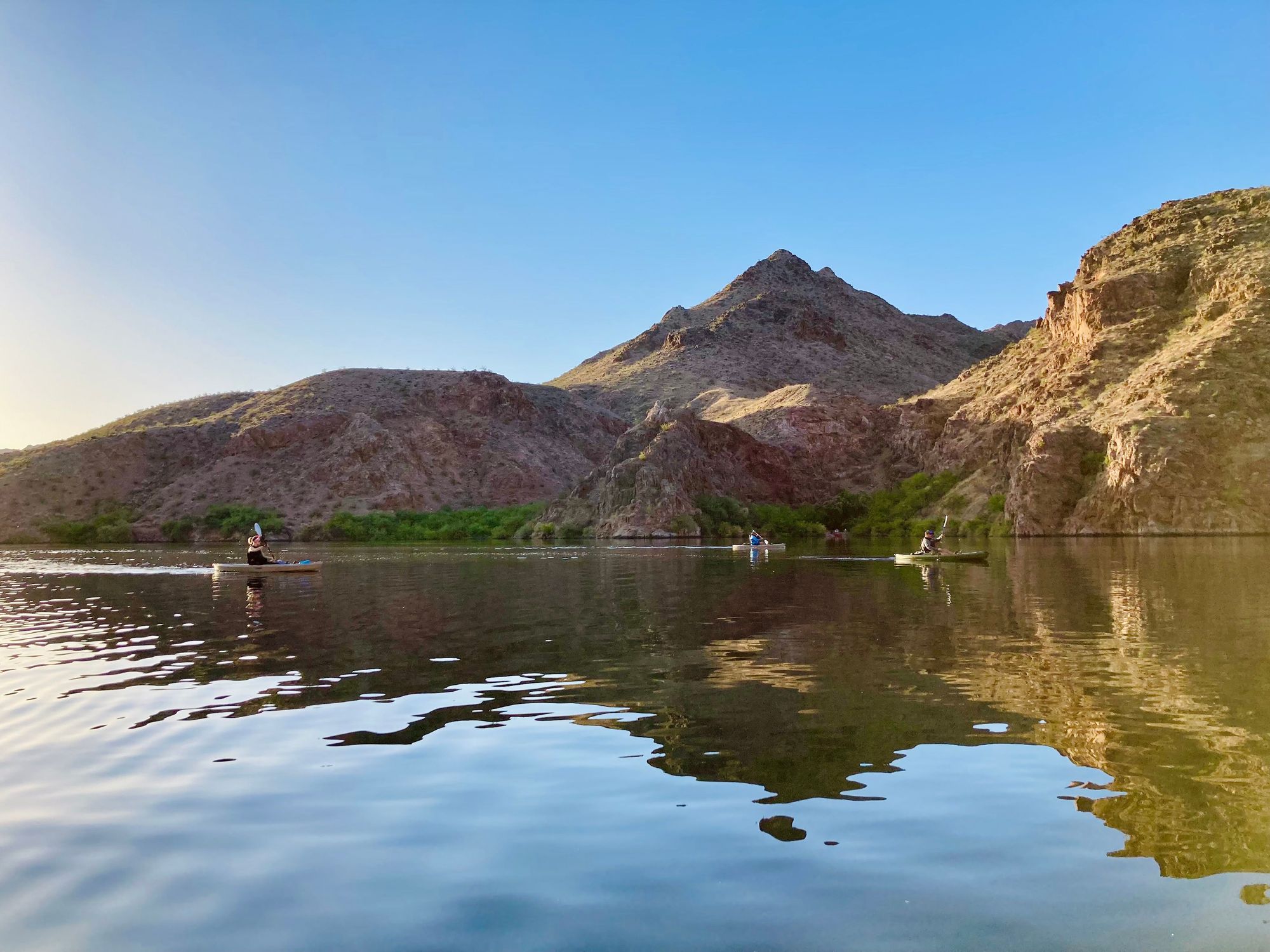 Friends kayak down a peaceful river stretch, framed by vibrant desert foliage and rock formations.