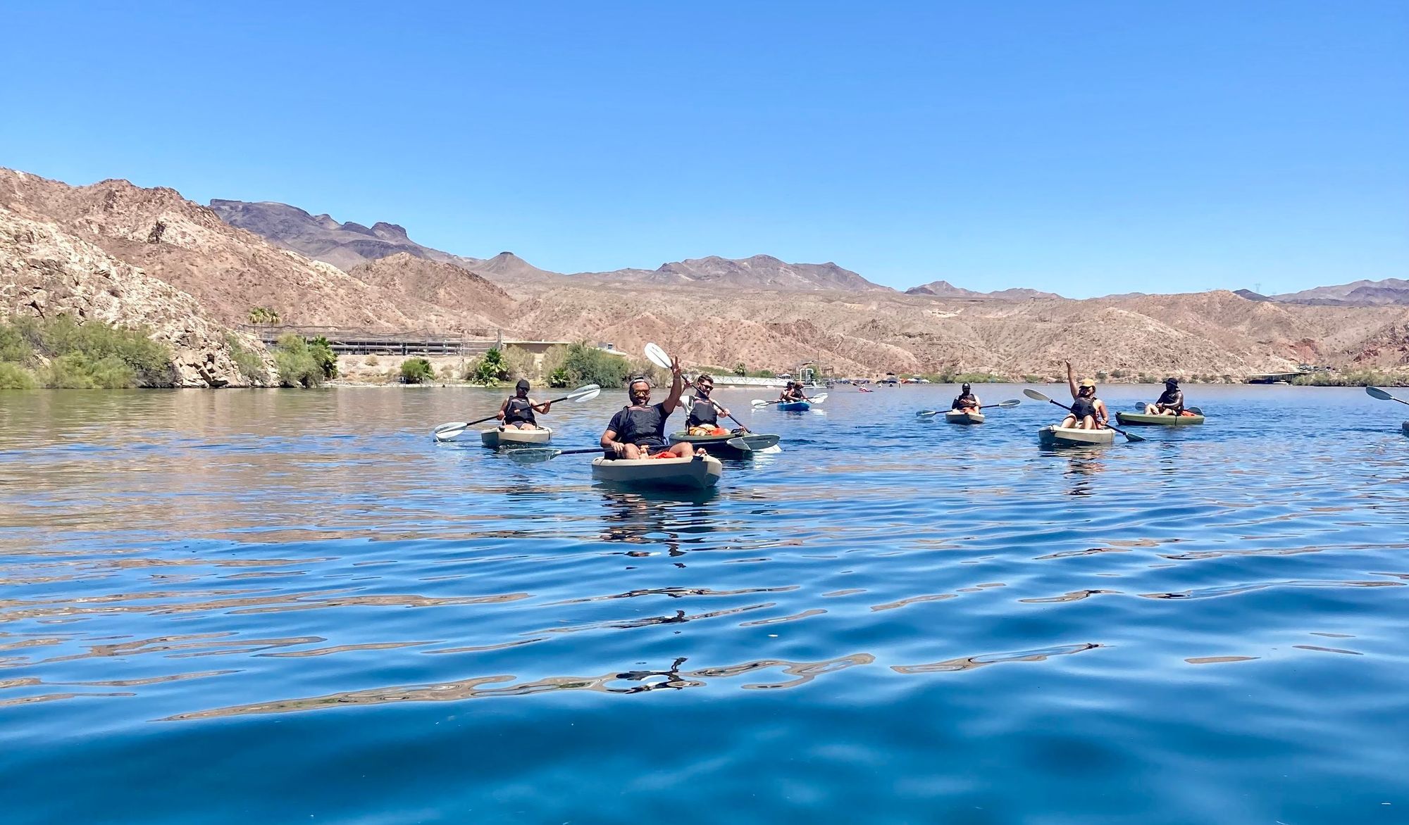 A group of colleagues kayaks in sync as sunlight reflects off the water as they share a lighthearted moment.