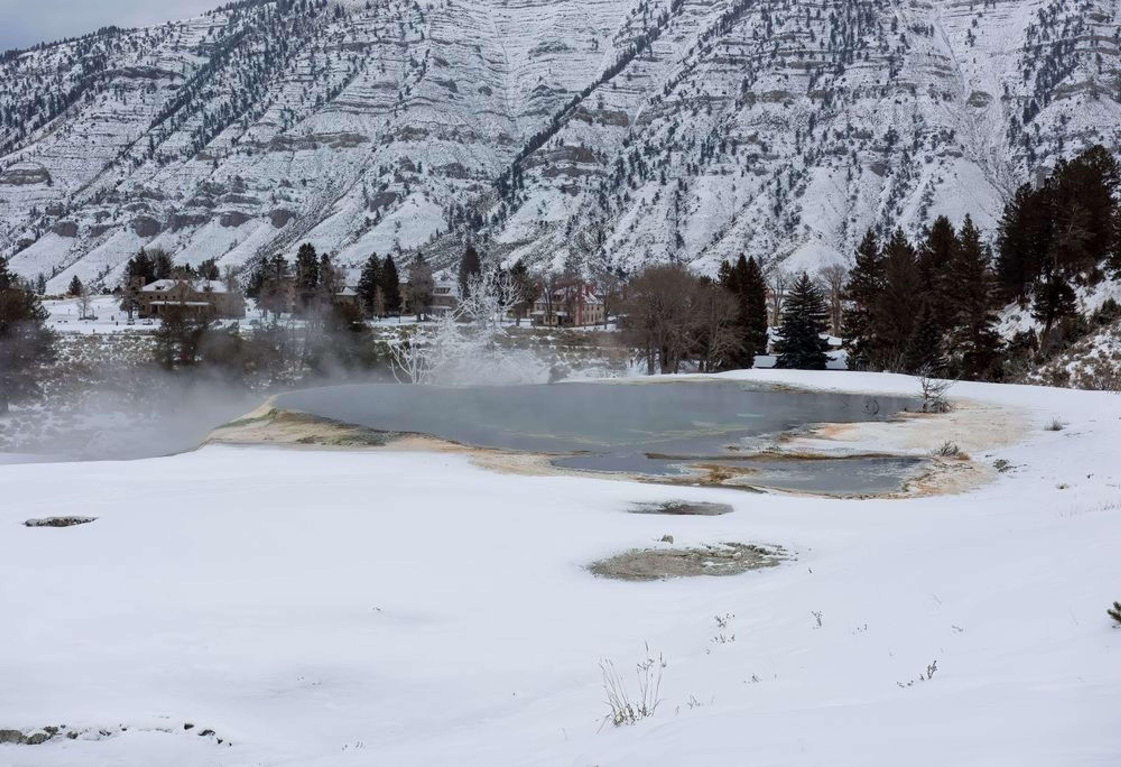 Steaming terraces at Mammoth Hot Springs in winter snow